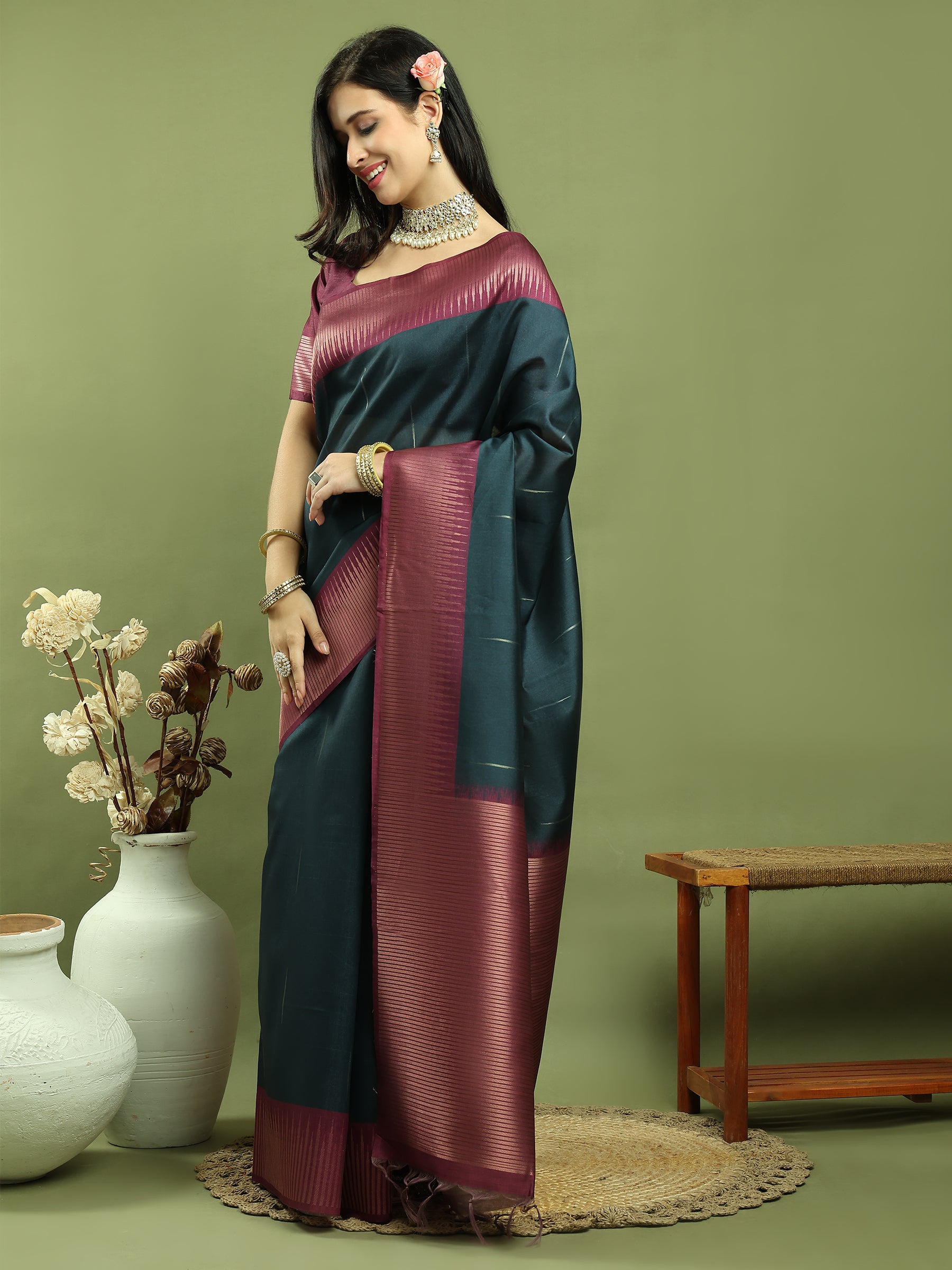 Jyoti Fashion Women's Teal Silk Blend Ikat Jari Weaving Pattern with Jari Border Saree with Blouse | Swadesiicart