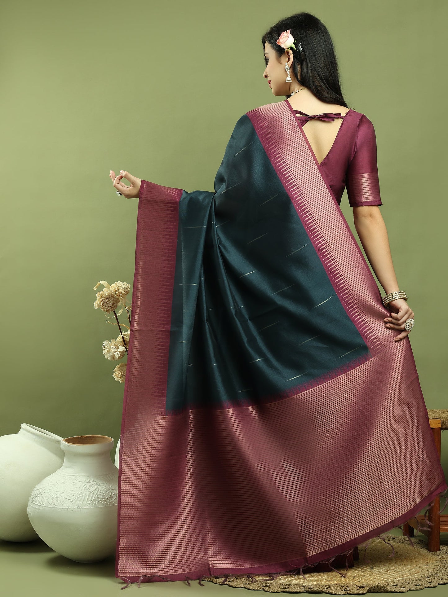 Jyoti Fashion Women's Teal Silk Blend Ikat Jari Weaving Pattern with Jari Border Saree with Blouse | Swadesiicart