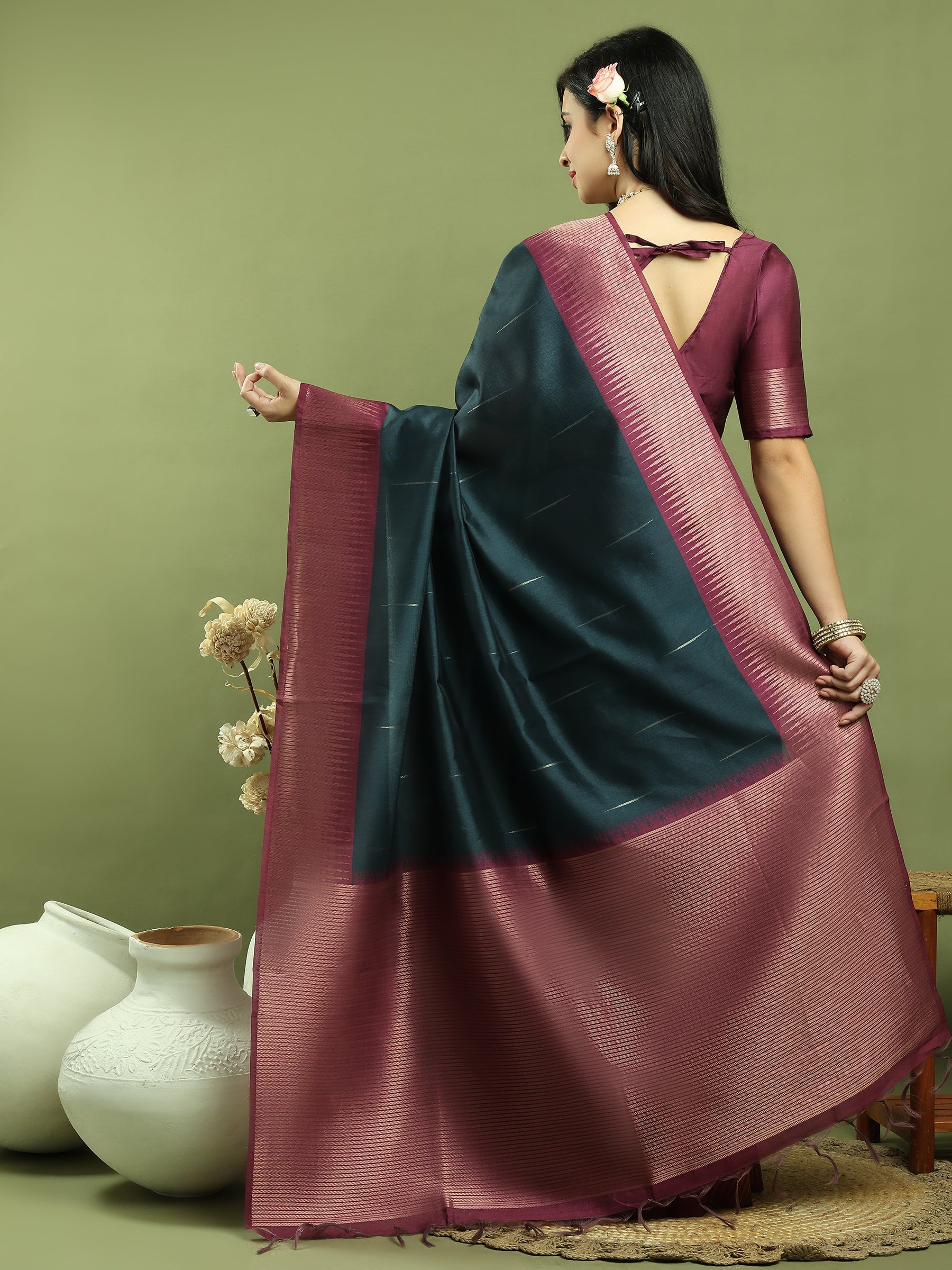 Jyoti Fashion Women's Teal Silk Blend Ikat Jari Weaving Pattern with Jari Border Saree with Blouse | Swadesiicart