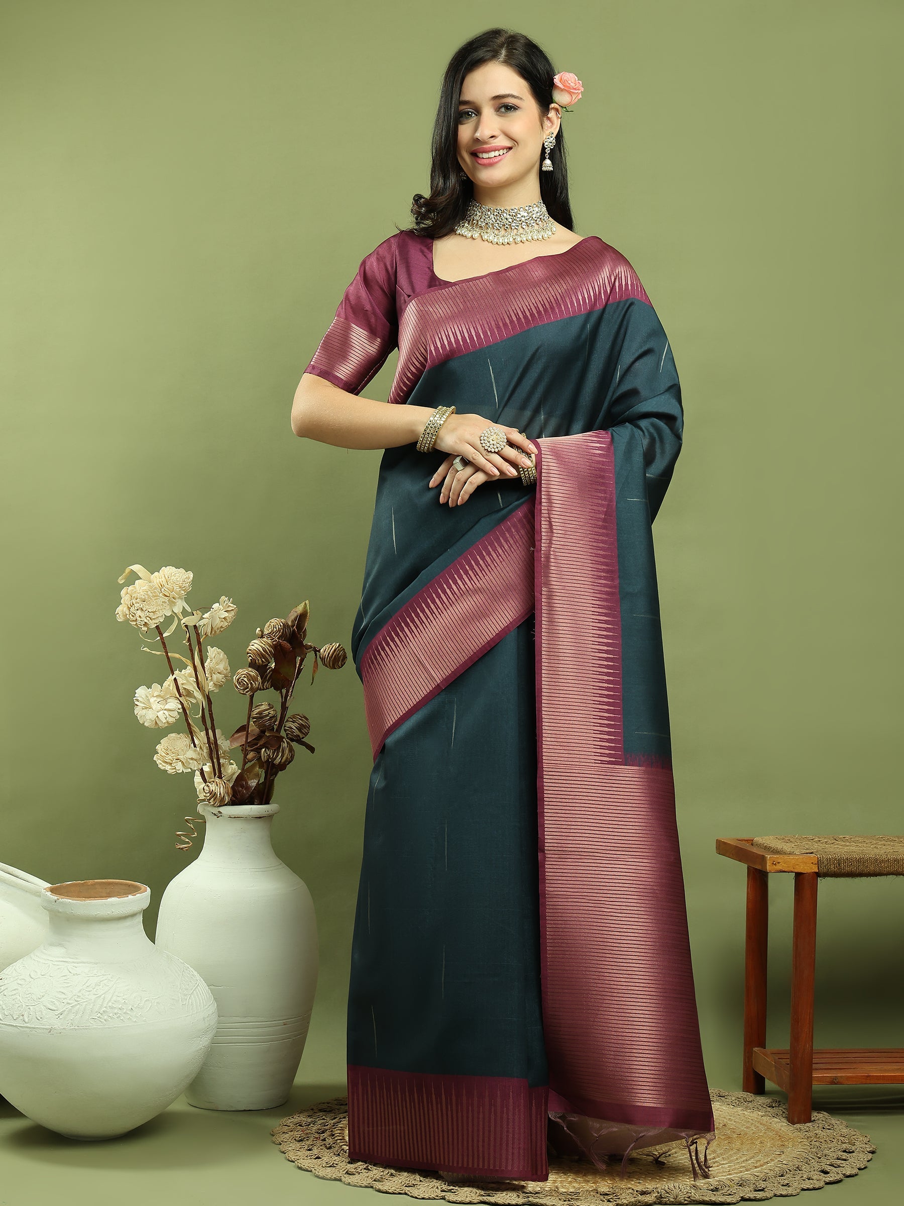 Jyoti Fashion Women's Teal Silk Blend Ikat Jari Weaving Pattern with Jari Border Saree with Blouse | Swadesiicart