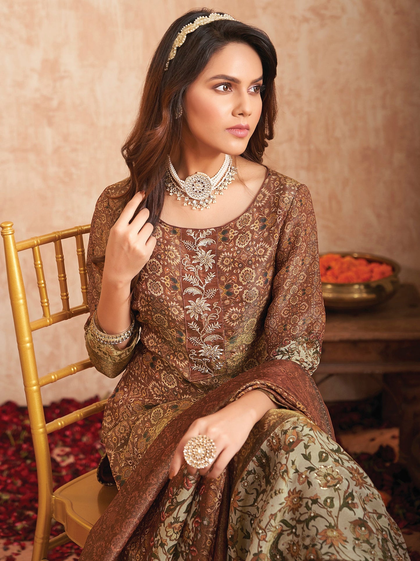 Jyoti Fashion Women's Brown Pure Tissue Shimmer Floral Digital Print With Zardoshi Hand Work Salwar Suit Set | Swadesiicart