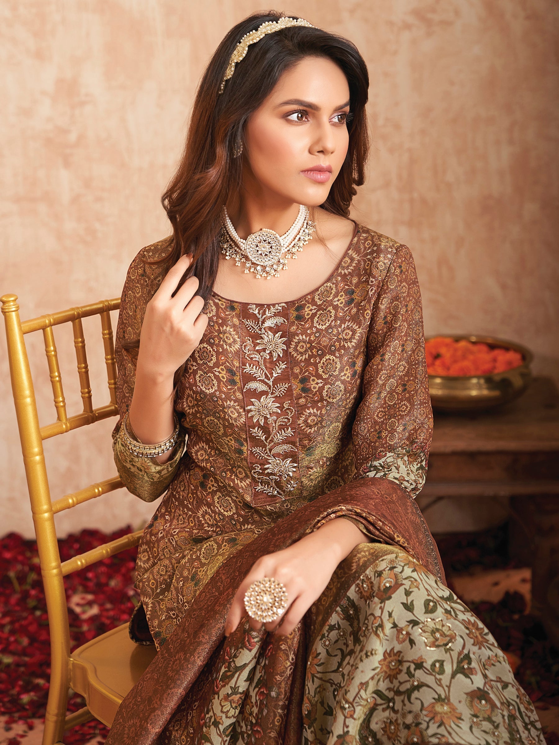 Jyoti Fashion Women's Brown Pure Tissue Shimmer Floral Digital Print With Zardoshi Hand Work Salwar Suit Set | Swadesiicart