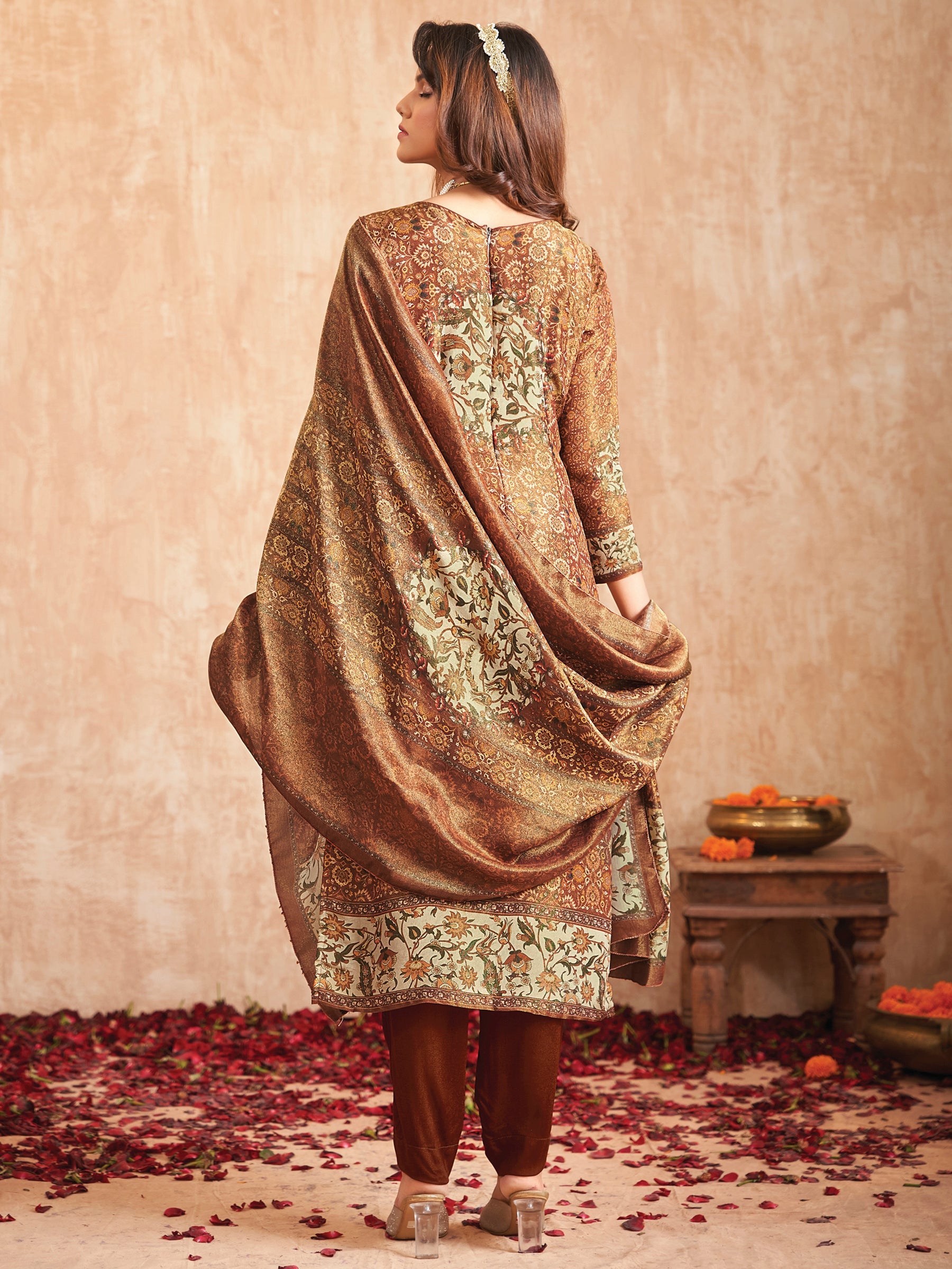 Jyoti Fashion Women's Brown Pure Tissue Shimmer Floral Digital Print With Zardoshi Hand Work Salwar Suit Set | Swadesiicart