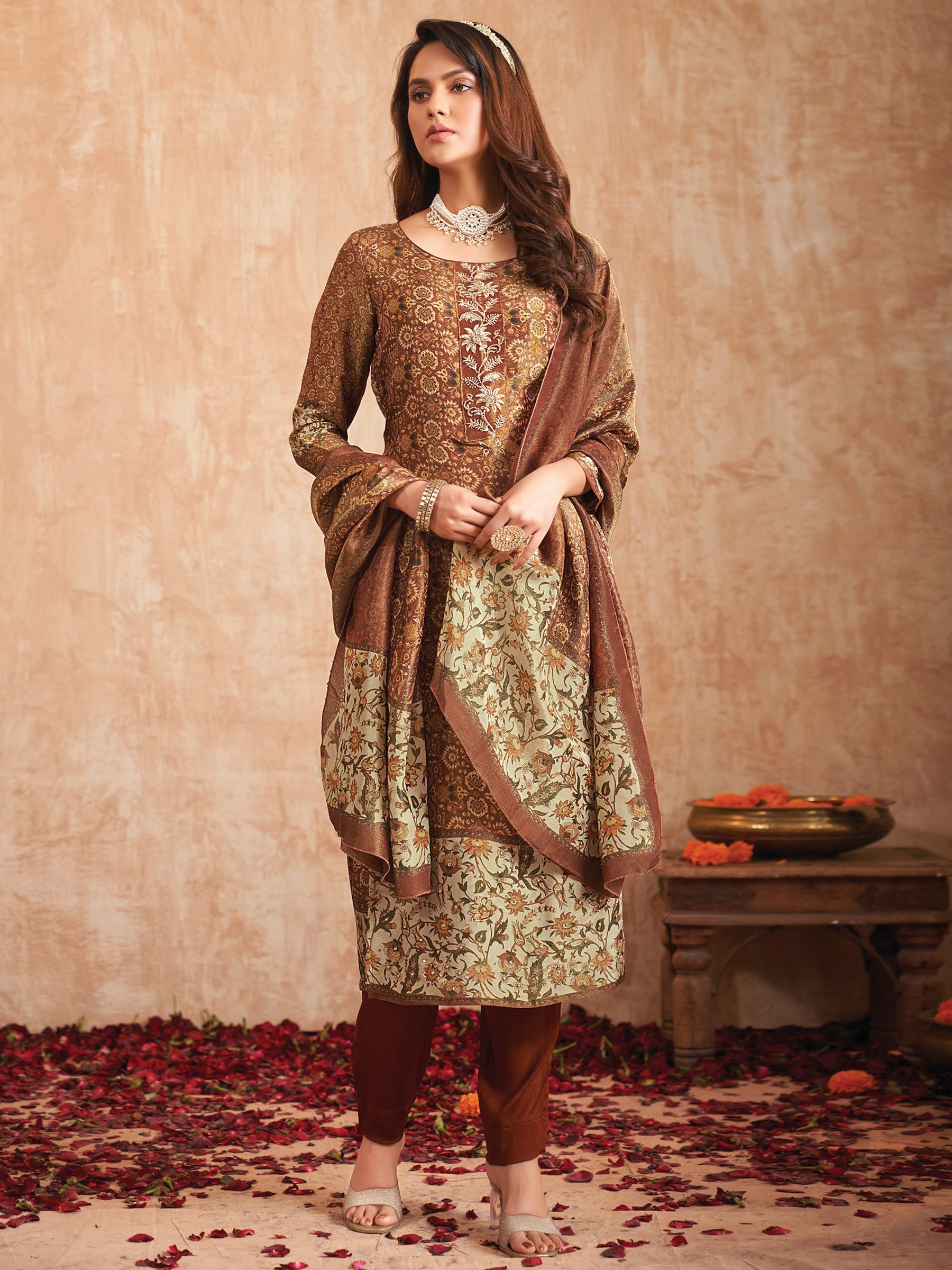 Jyoti Fashion Women's Brown Pure Tissue Shimmer Floral Digital Print With Zardoshi Hand Work Salwar Suit Set | Swadesiicart