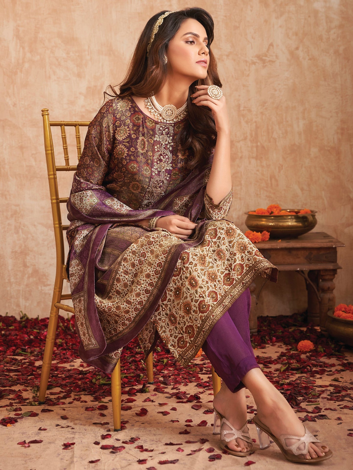 Jyoti Fashion Women's Purple Pure Tissue Shimmer Floral Digital Print With Zardoshi Hand Work Salwar Suit Set | Swadesiicart