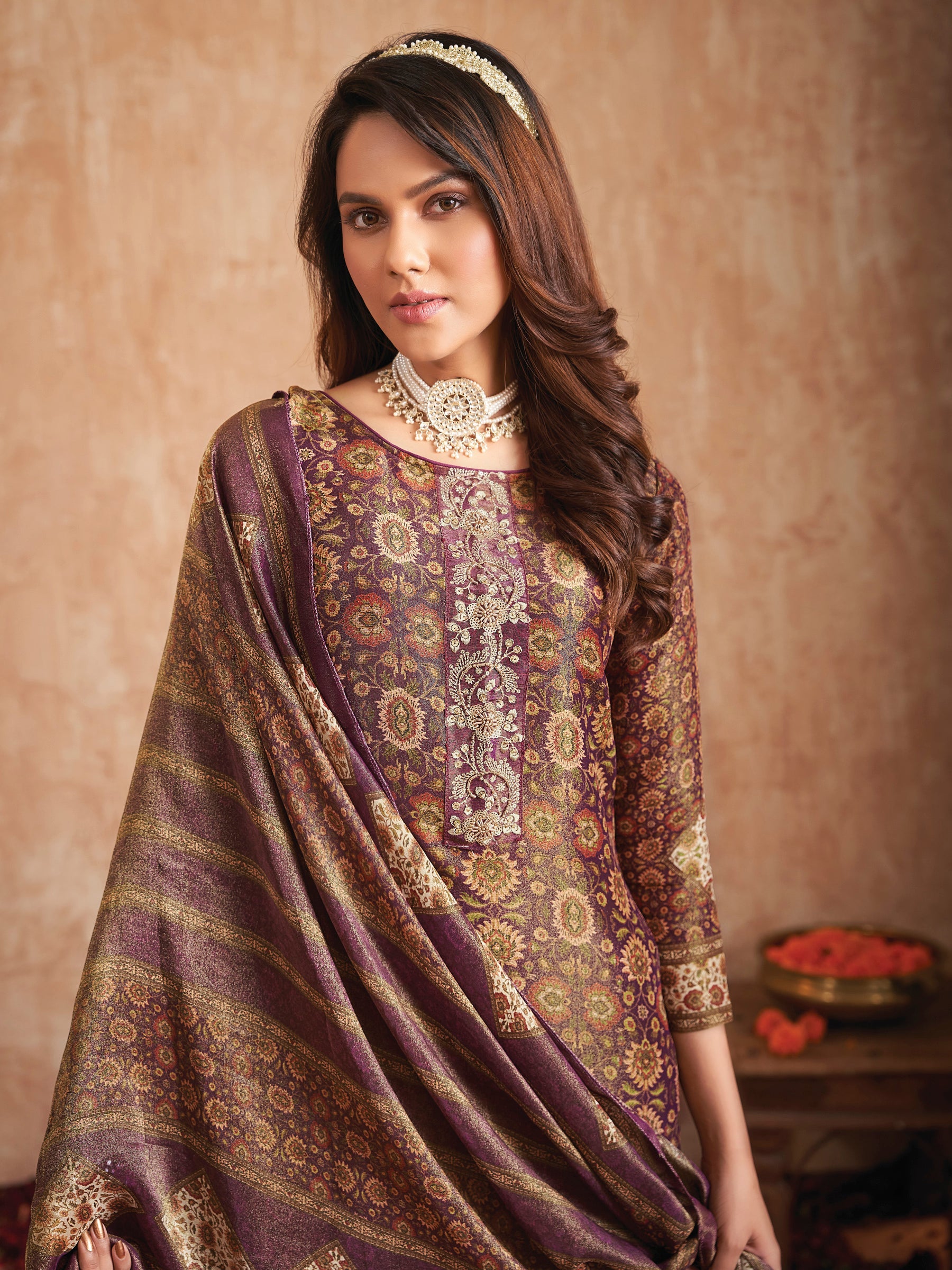 Jyoti Fashion Women's Purple Pure Tissue Shimmer Floral Digital Print With Zardoshi Hand Work Salwar Suit Set | Swadesiicart