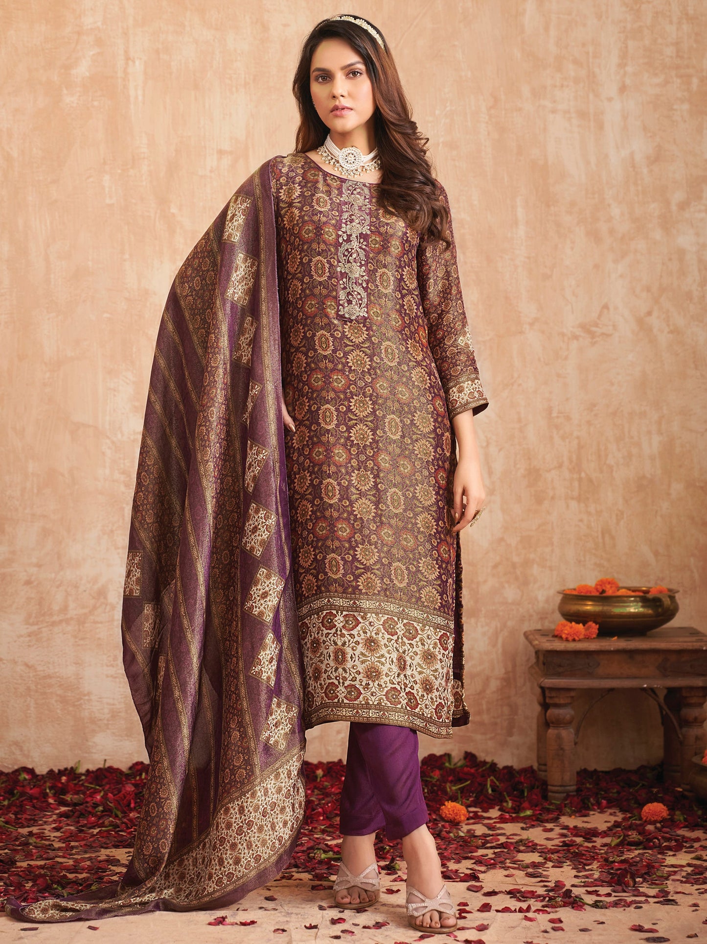 Jyoti Fashion Women's Purple Pure Tissue Shimmer Floral Digital Print With Zardoshi Hand Work Salwar Suit Set | Swadesiicart