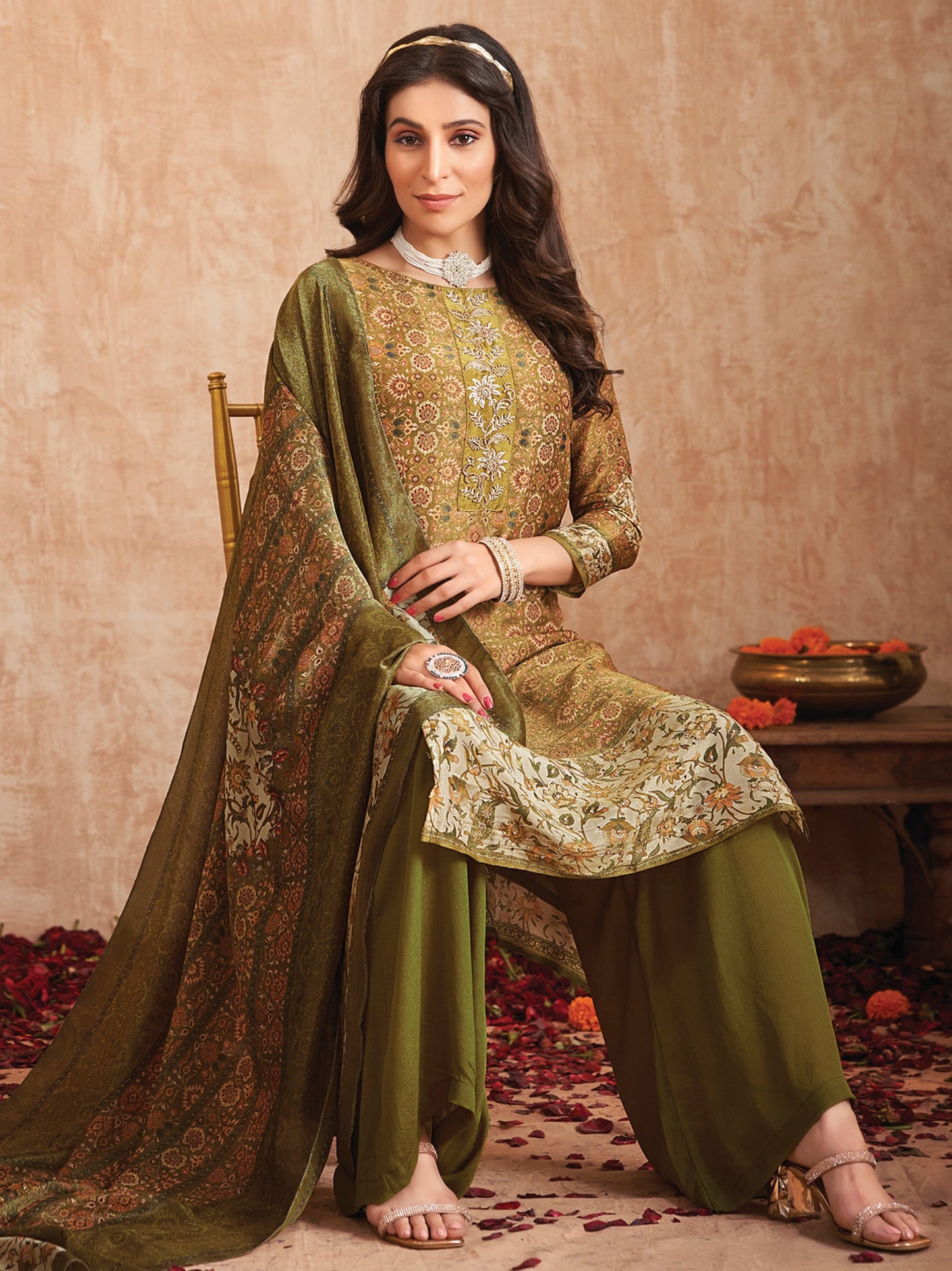 Jyoti Fashion Women's Olive Green Pure Tissue Shimmer Floral Digital Print With Zardoshi Hand Work Salwar Suit Set | Swadesiicart