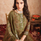 Jyoti Fashion Women's Olive Green Pure Tissue Shimmer Floral Digital Print With Zardoshi Hand Work Salwar Suit Set | Swadesiicart