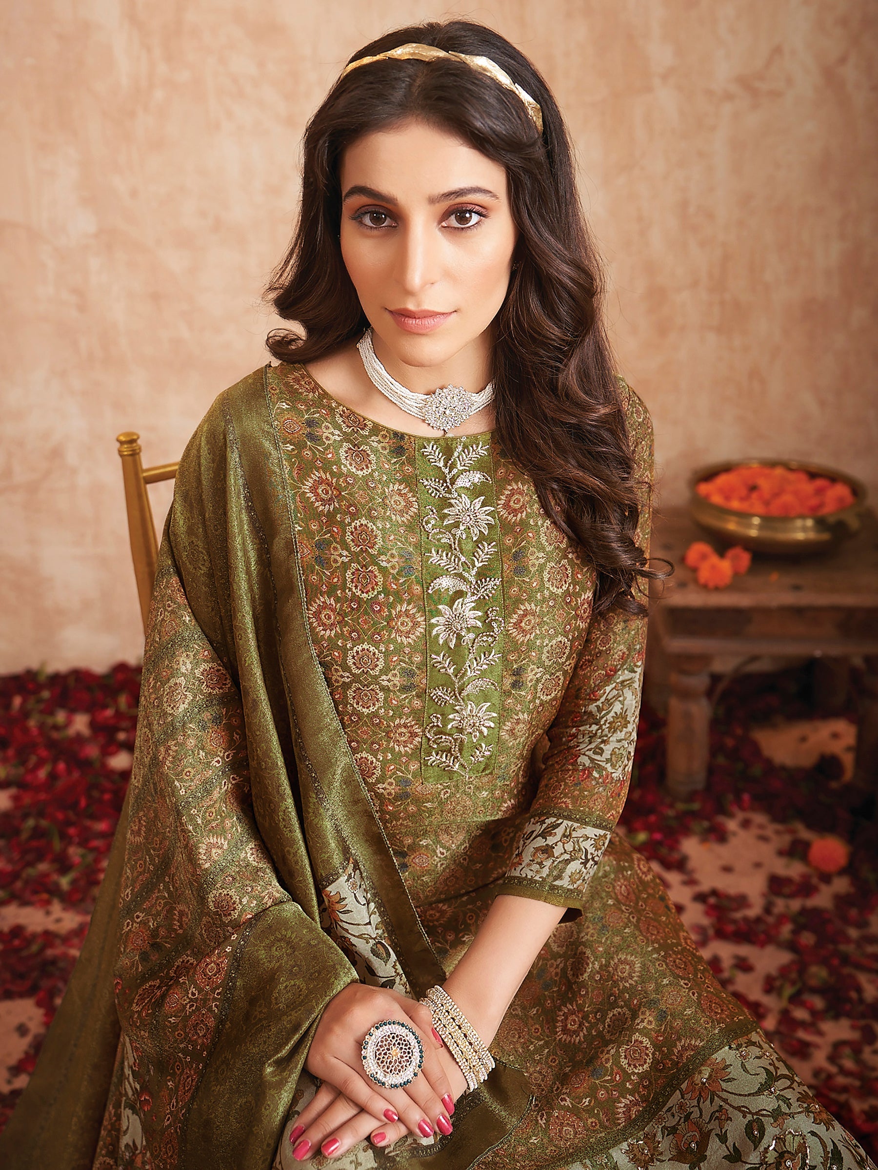 Jyoti Fashion Women's Olive Green Pure Tissue Shimmer Floral Digital Print With Zardoshi Hand Work Salwar Suit Set | Swadesiicart