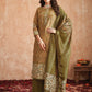 Jyoti Fashion Women's Olive Green Pure Tissue Shimmer Floral Digital Print With Zardoshi Hand Work Salwar Suit Set | Swadesiicart
