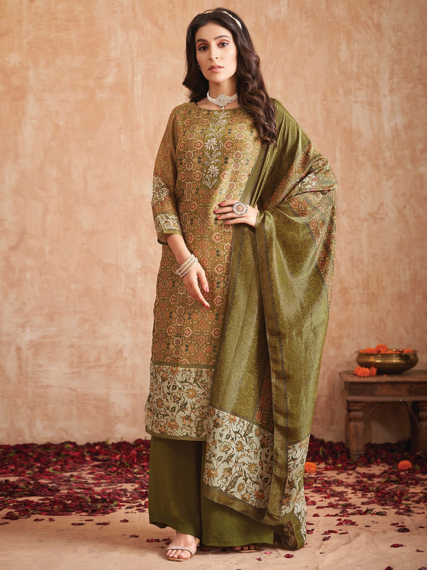 Jyoti Fashion Women's Olive Green Pure Tissue Shimmer Floral Digital Print With Zardoshi Hand Work Salwar Suit Set | Swadesiicart