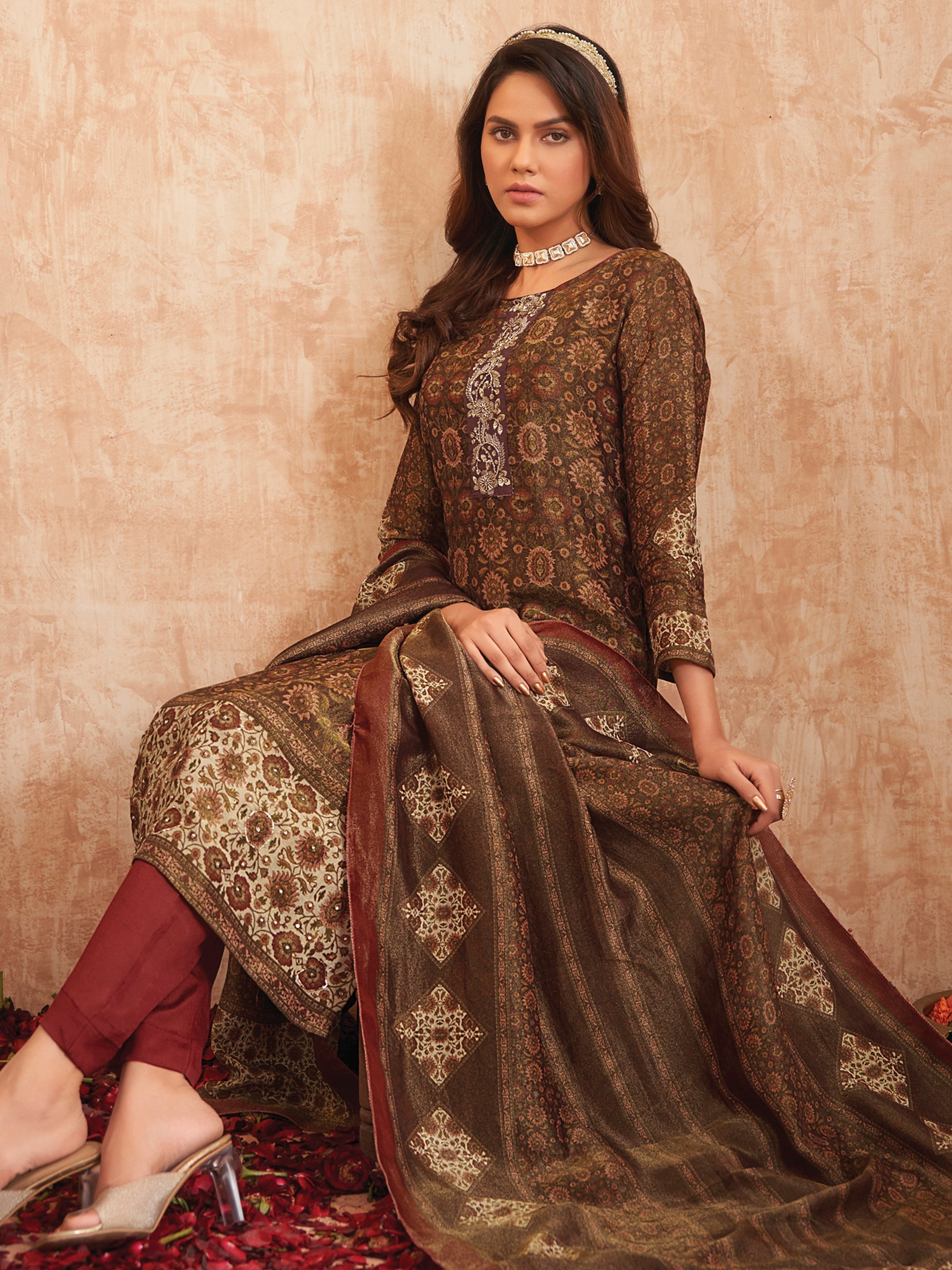 Jyoti Fashion Women's Gold Pure Tissue Shimmer Floral Digital Print With Zardoshi Hand Work Salwar Suit Set | Swadesiicart