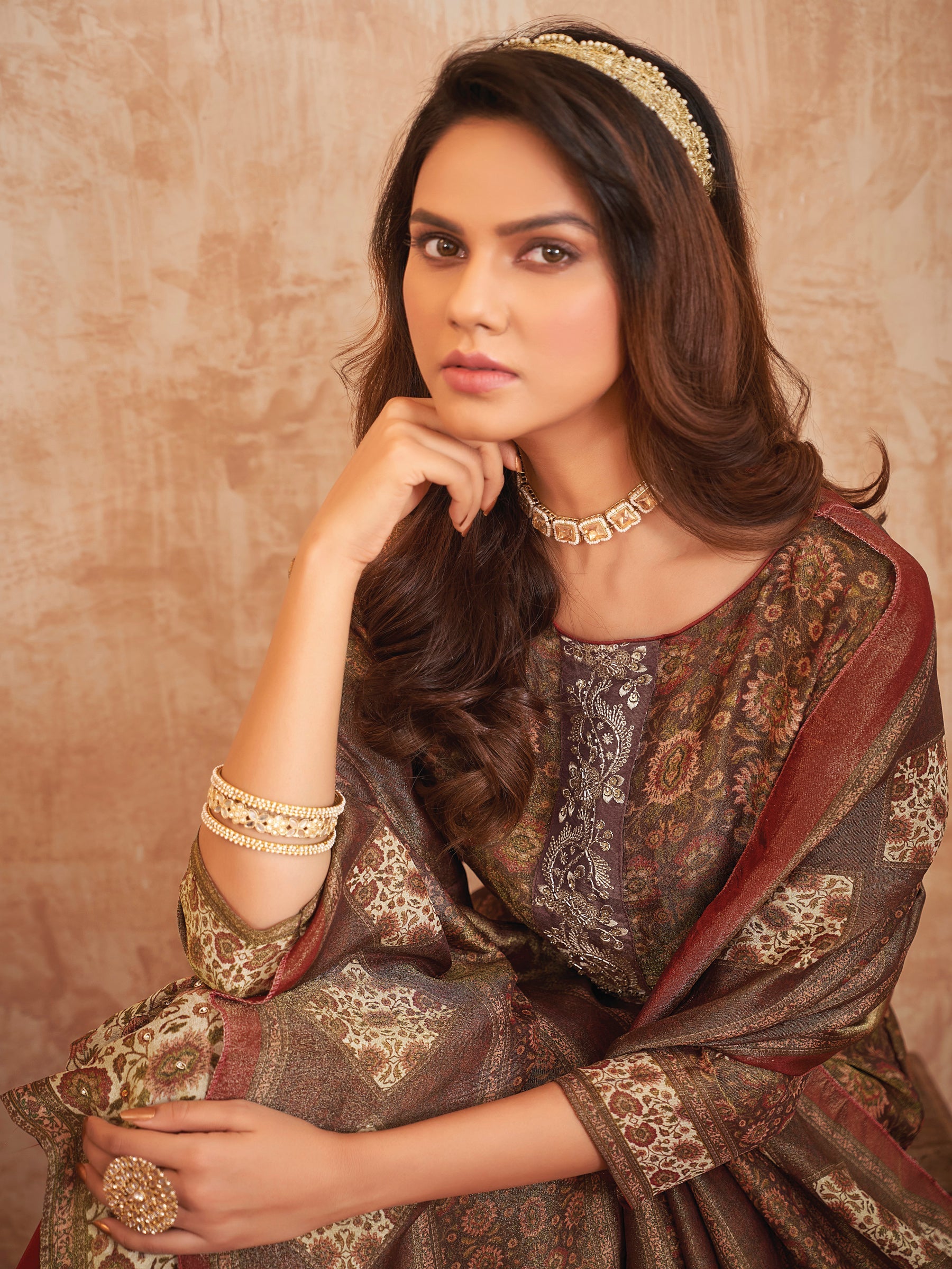 Jyoti Fashion Women's Gold Pure Tissue Shimmer Floral Digital Print With Zardoshi Hand Work Salwar Suit Set | Swadesiicart