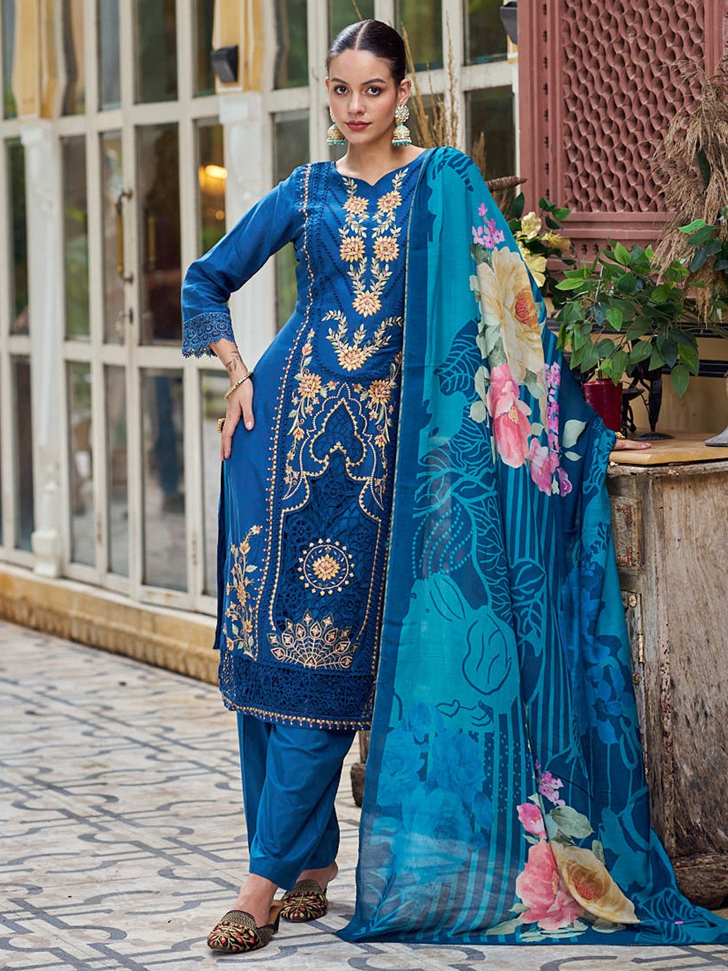 Jyoti Fashion Women's Navy Blue Muslin Resham Thread with Jari & Cut Work Salwar Suit Set | Swadesiicart