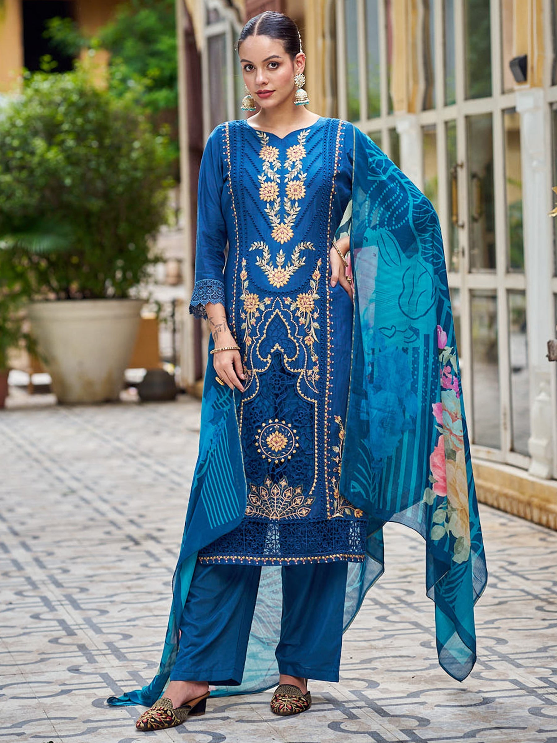 Jyoti Fashion Women's Navy Blue Muslin Resham Thread with Jari & Cut Work Salwar Suit Set | Swadesiicart