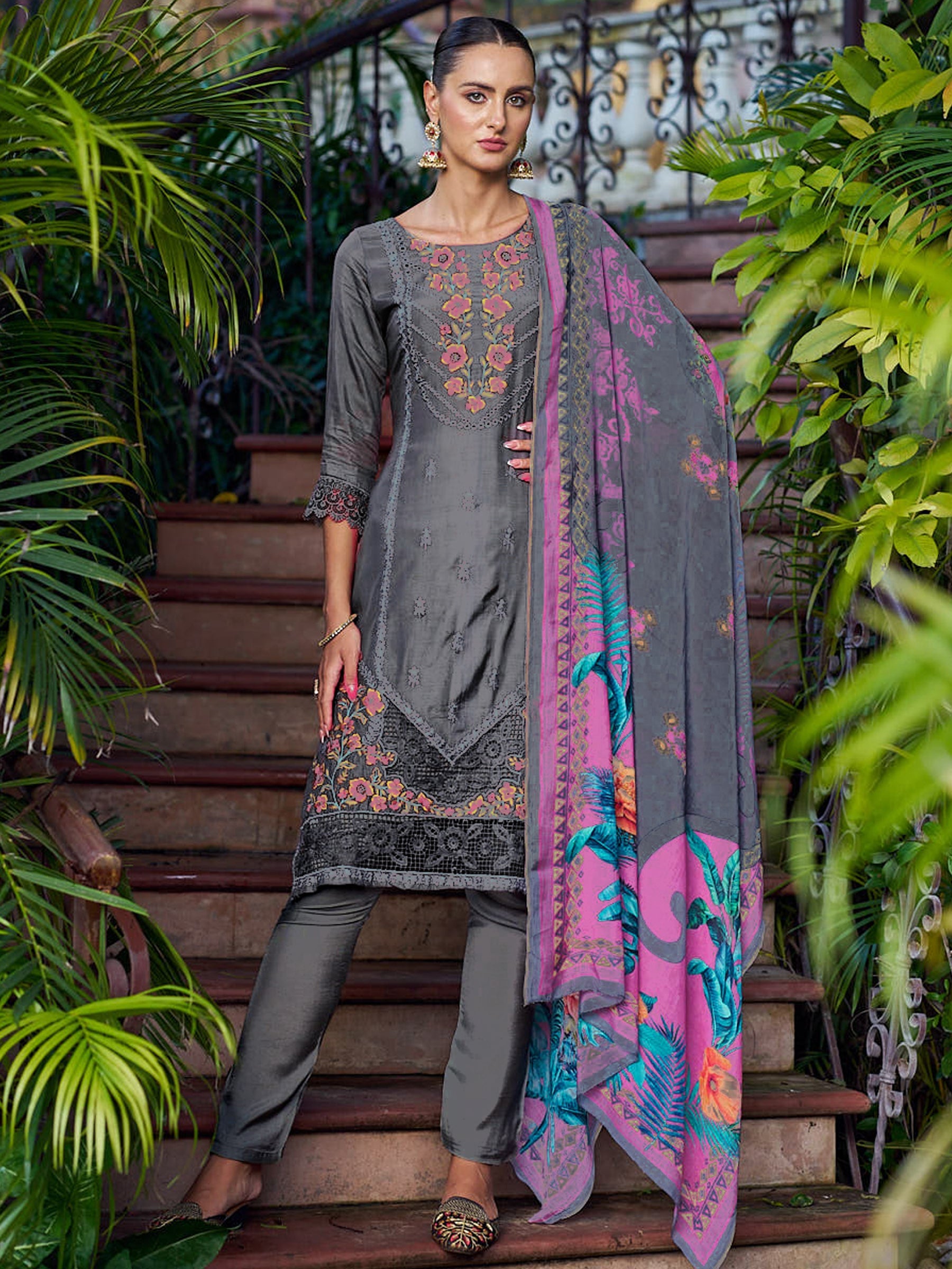 Jyoti Fashion Women's Grey Muslin Resham Thread with Jari & Cut Work Salwar Suit Set | Swadesiicart