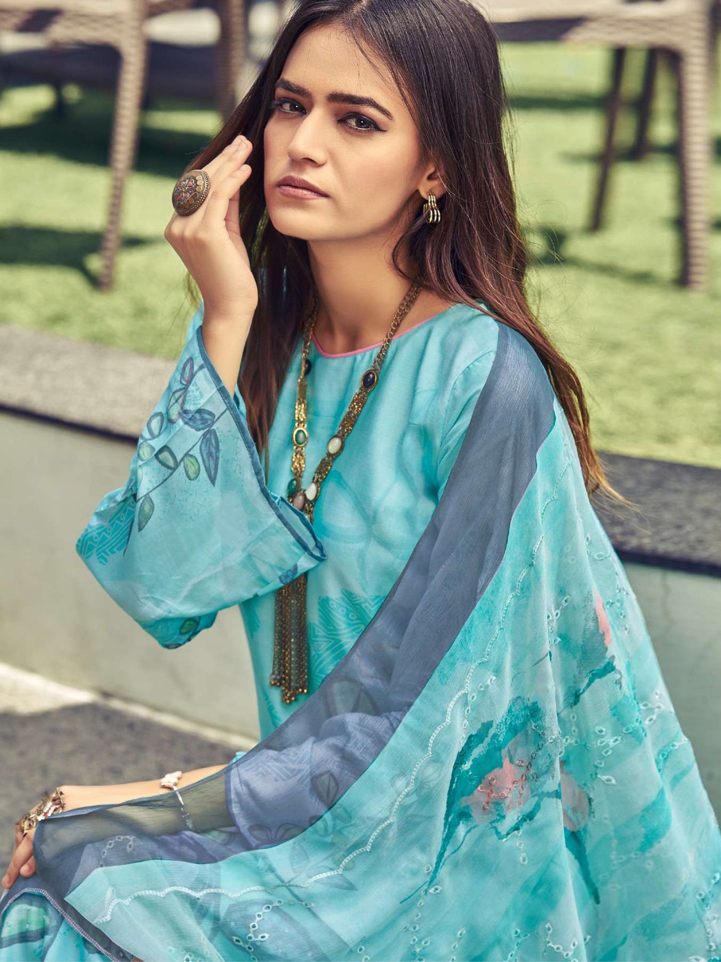 Jyoti Fashion Women's Turquoise Muslin Floral Digital Print with Sequins Work Salwar Suit Set | Swadesiicart