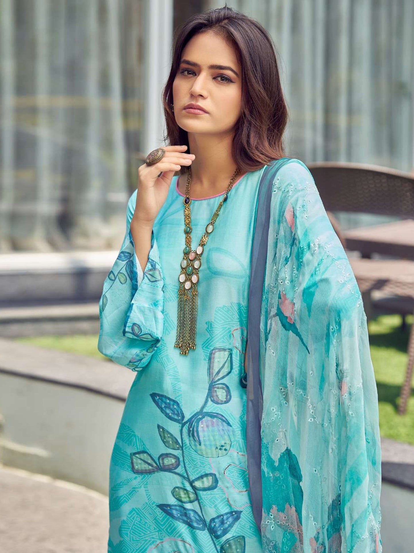 Jyoti Fashion Women's Turquoise Muslin Floral Digital Print with Sequins Work Salwar Suit Set | Swadesiicart