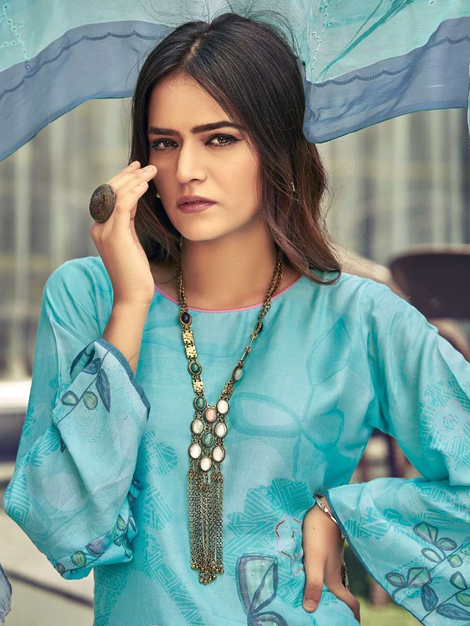 Jyoti Fashion Women's Turquoise Muslin Floral Digital Print with Sequins Work Salwar Suit Set | Swadesiicart