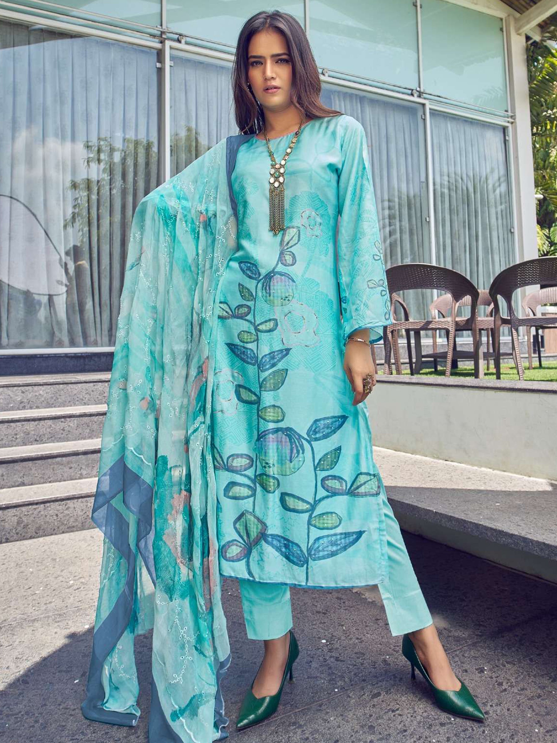 Jyoti Fashion Women's Turquoise Muslin Floral Digital Print with Sequins Work Salwar Suit Set | Swadesiicart