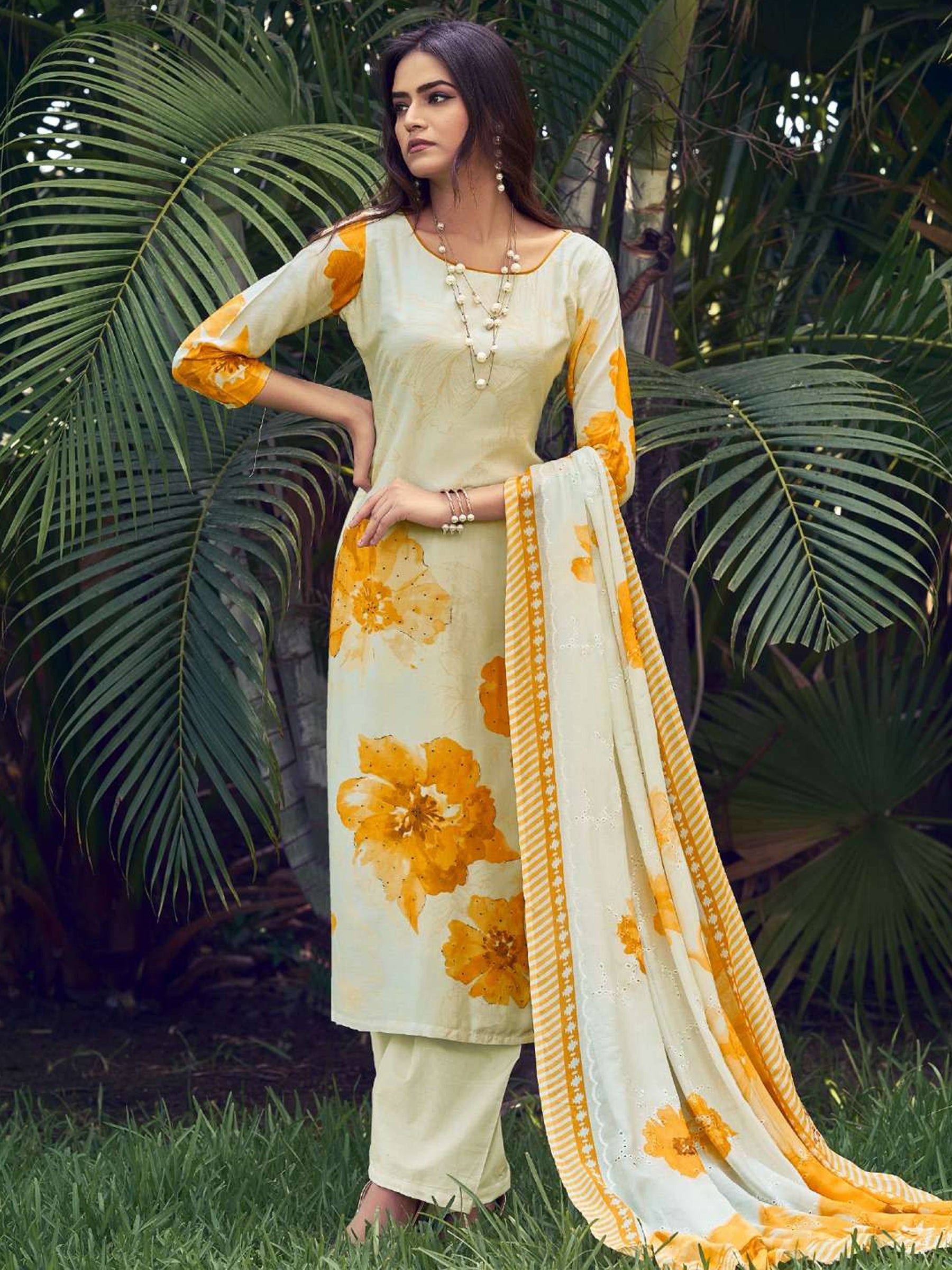 Jyoti Fashion Women's Cream Muslin Floral Digital Print with Sequins Work Salwar Suit Set | Swadesiicart