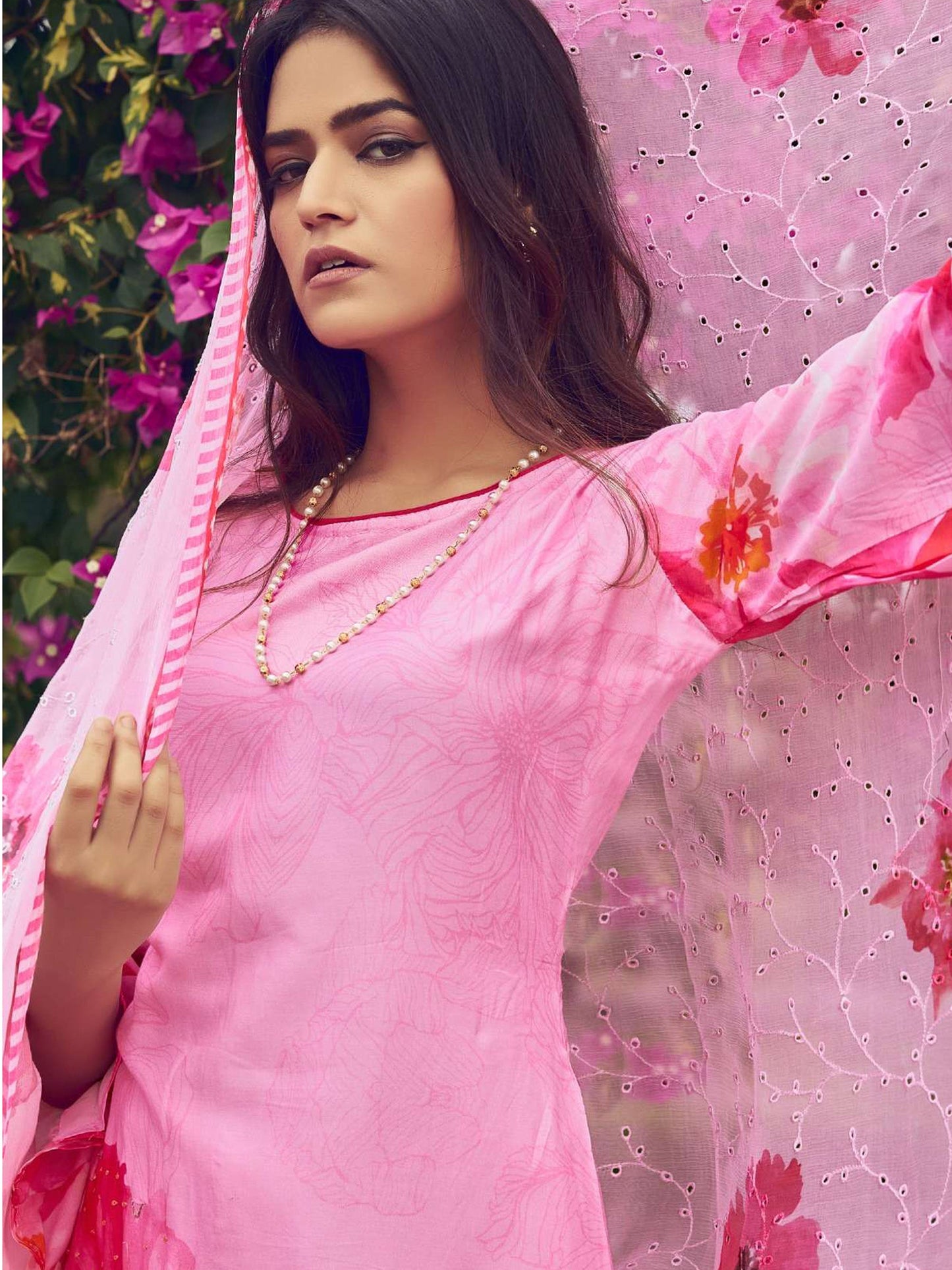Jyoti Fashion Women's Pink Muslin Floral Digital Print with Sequins Work Salwar Suit Set | Swadesiicart