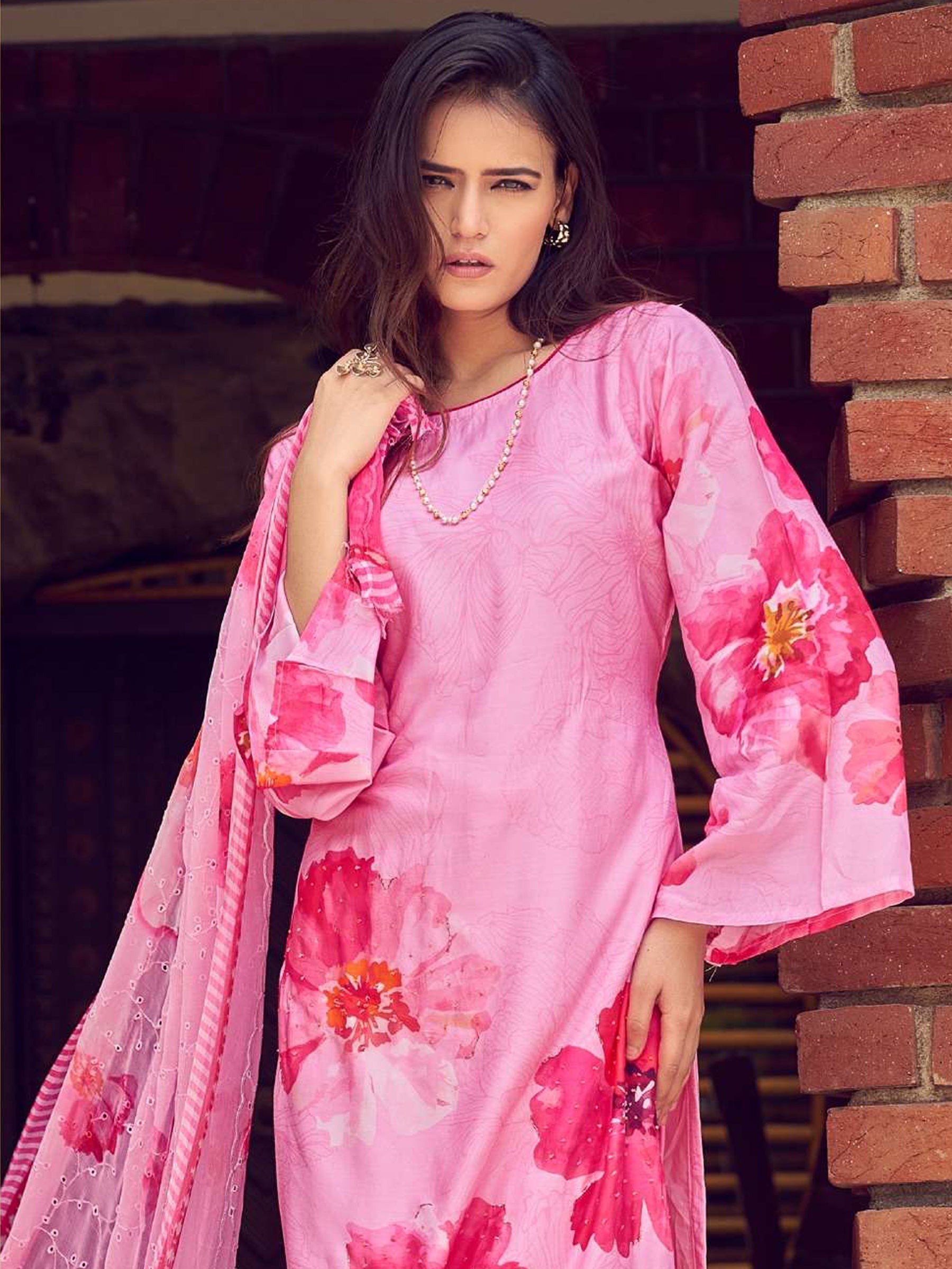 Jyoti Fashion Women's Pink Muslin Floral Digital Print with Sequins Work Salwar Suit Set | Swadesiicart