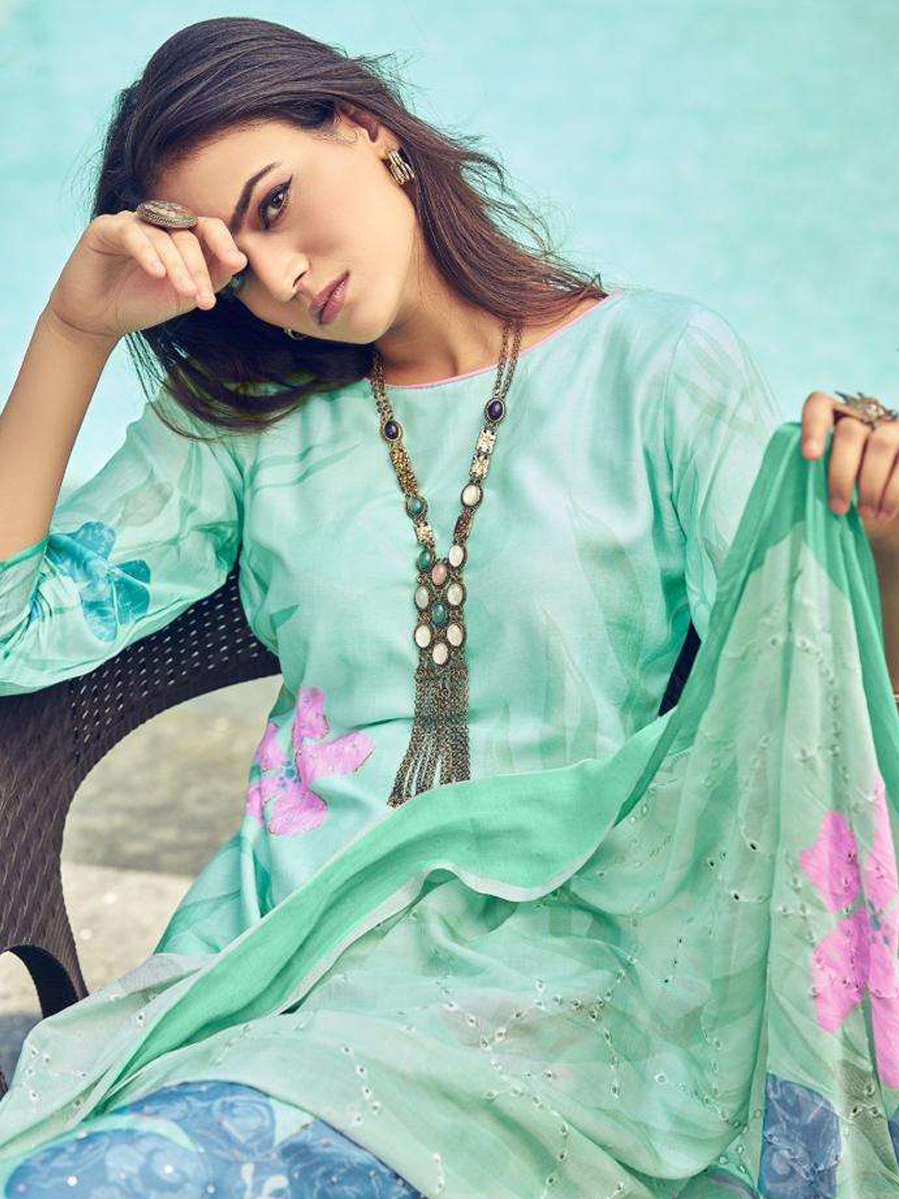 Jyoti Fashion Women's Green Muslin Floral Digital Print with Sequins Work Salwar Suit Set | Swadesiicart