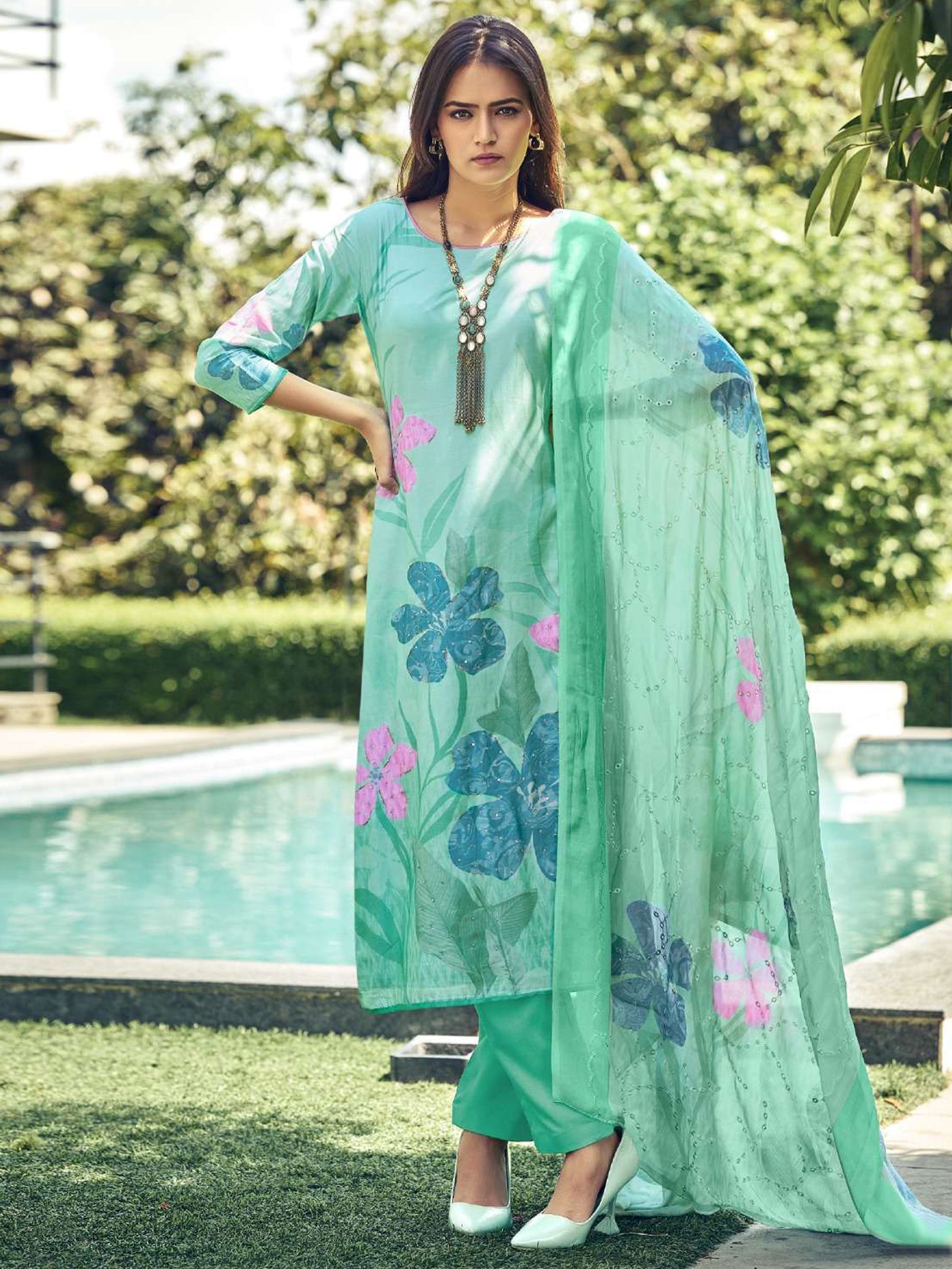 Jyoti Fashion Women's Green Muslin Floral Digital Print with Sequins Work Salwar Suit Set | Swadesiicart