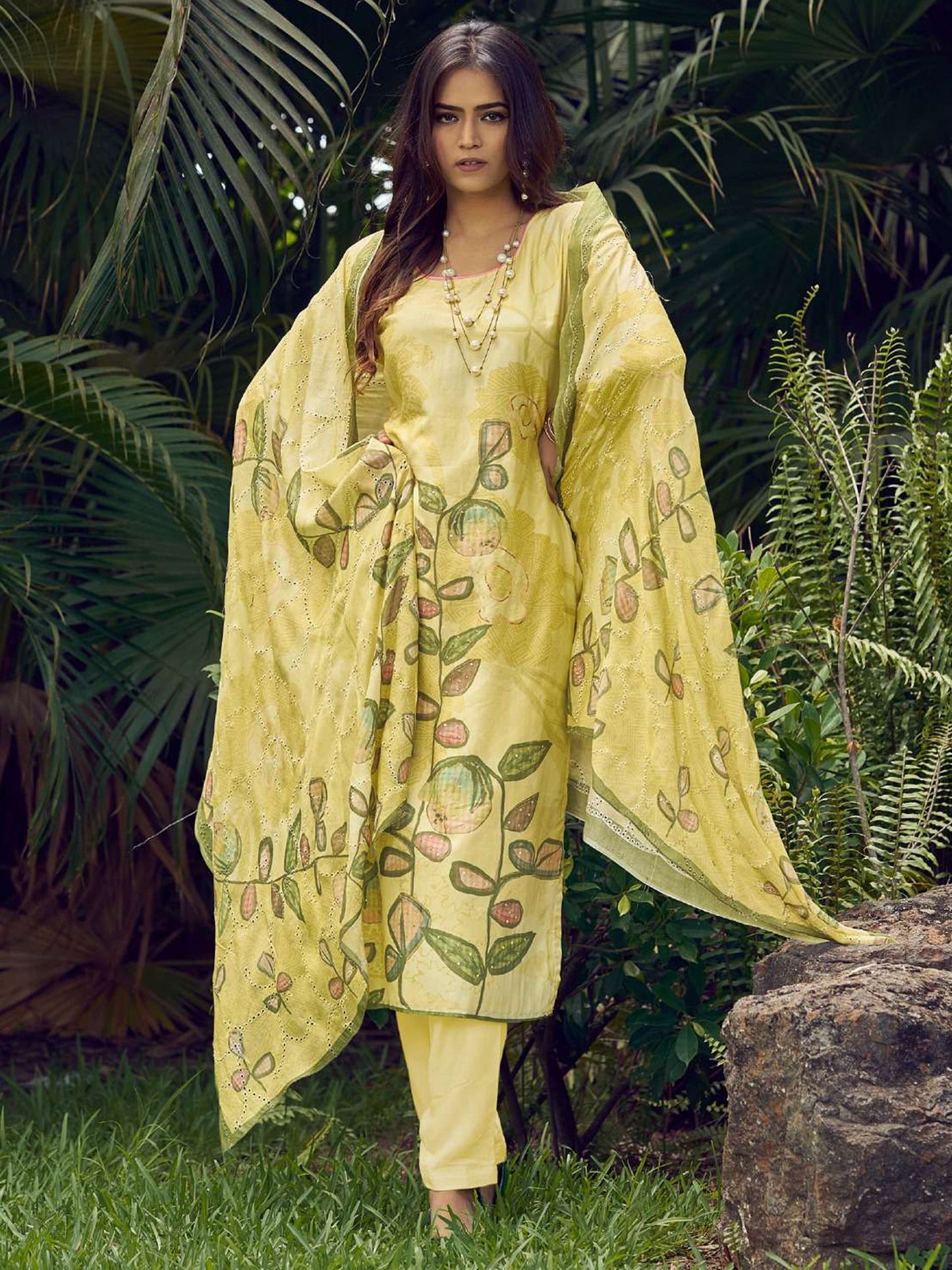 Jyoti Fashion Women's Lemon Yellow Muslin Floral Digital Print with Sequins Work Salwar Suit Set | Swadesiicart