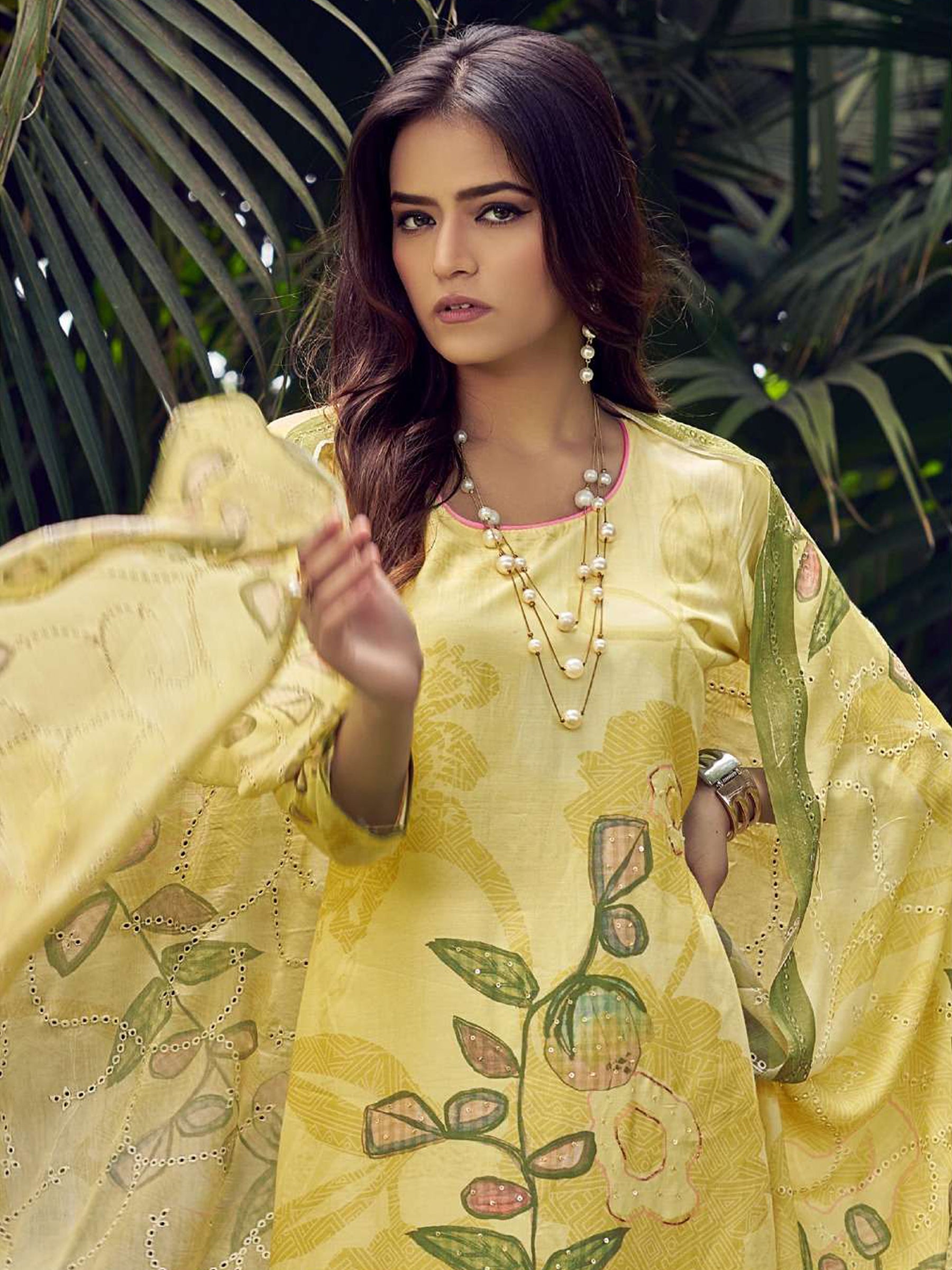 Jyoti Fashion Women's Lemon Yellow Muslin Floral Digital Print with Sequins Work Salwar Suit Set | Swadesiicart