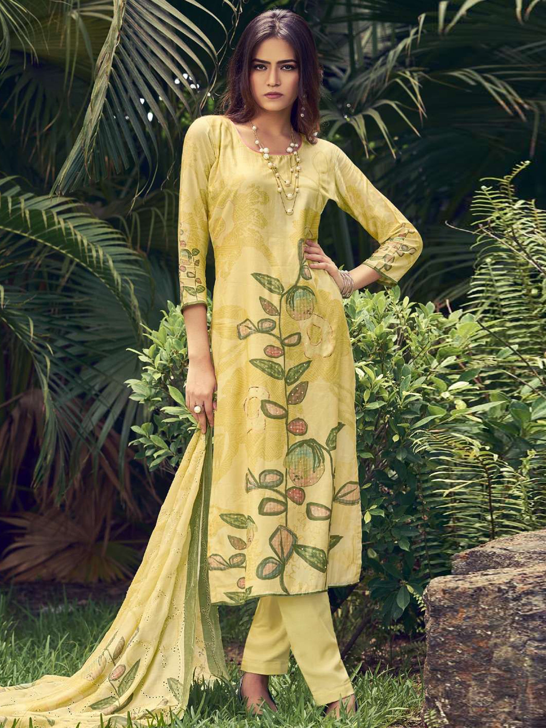 Jyoti Fashion Women's Lemon Yellow Muslin Floral Digital Print with Sequins Work Salwar Suit Set | Swadesiicart