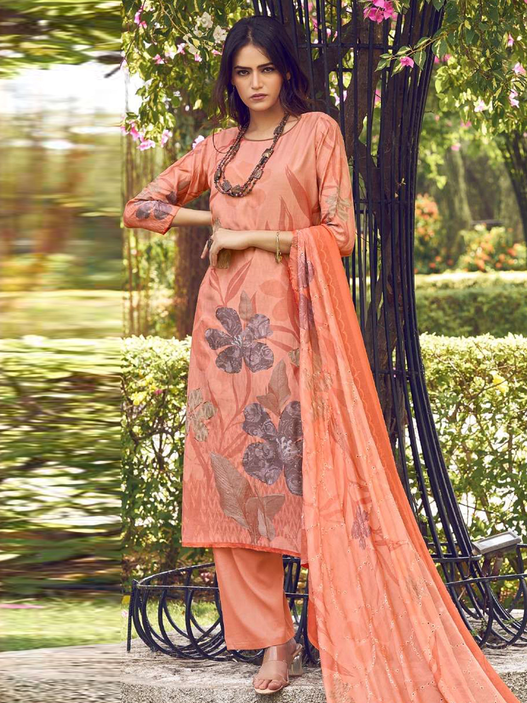 Jyoti Fashion Women's Peach Muslin Floral Digital Print with Sequins Work Salwar Suit Set | Swadesiicart