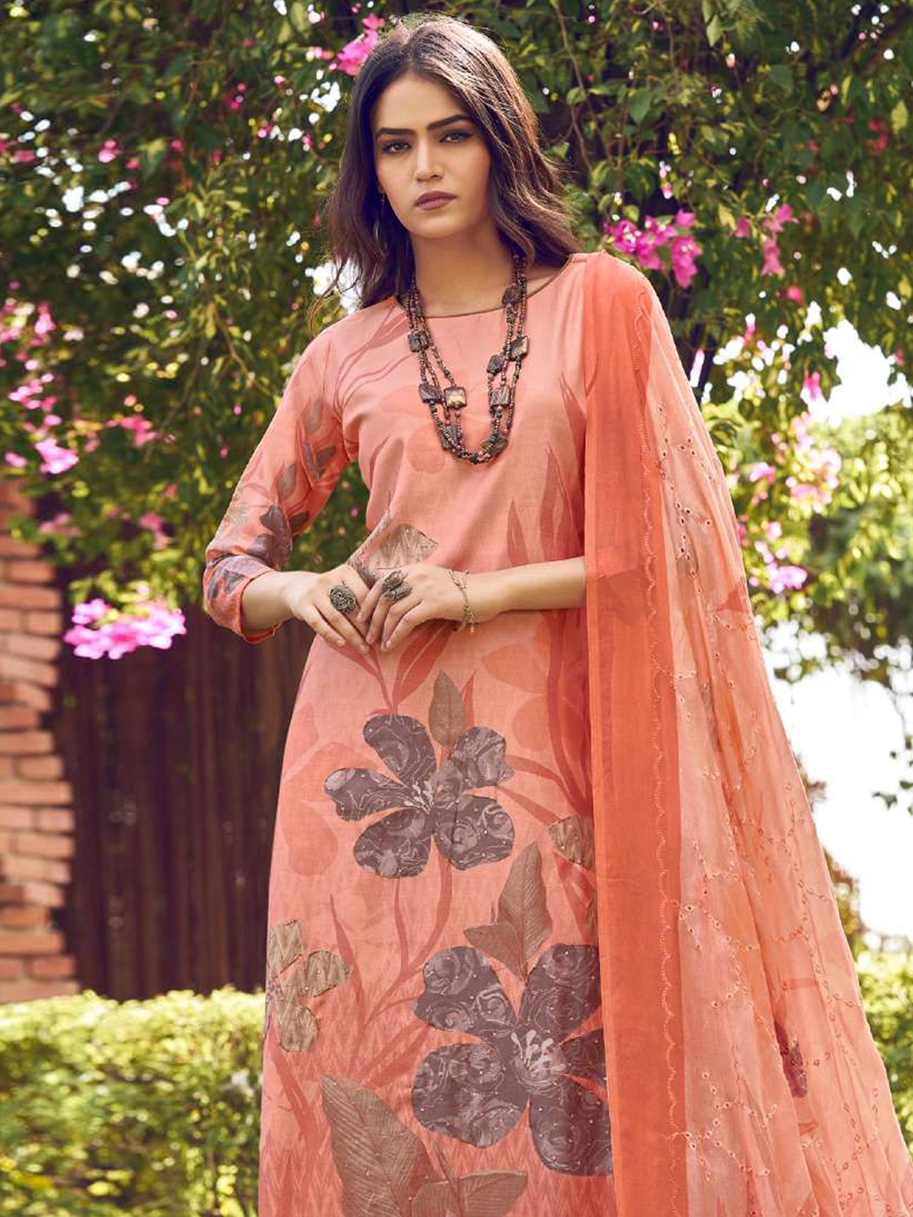 Jyoti Fashion Women's Peach Muslin Floral Digital Print with Sequins Work Salwar Suit Set | Swadesiicart