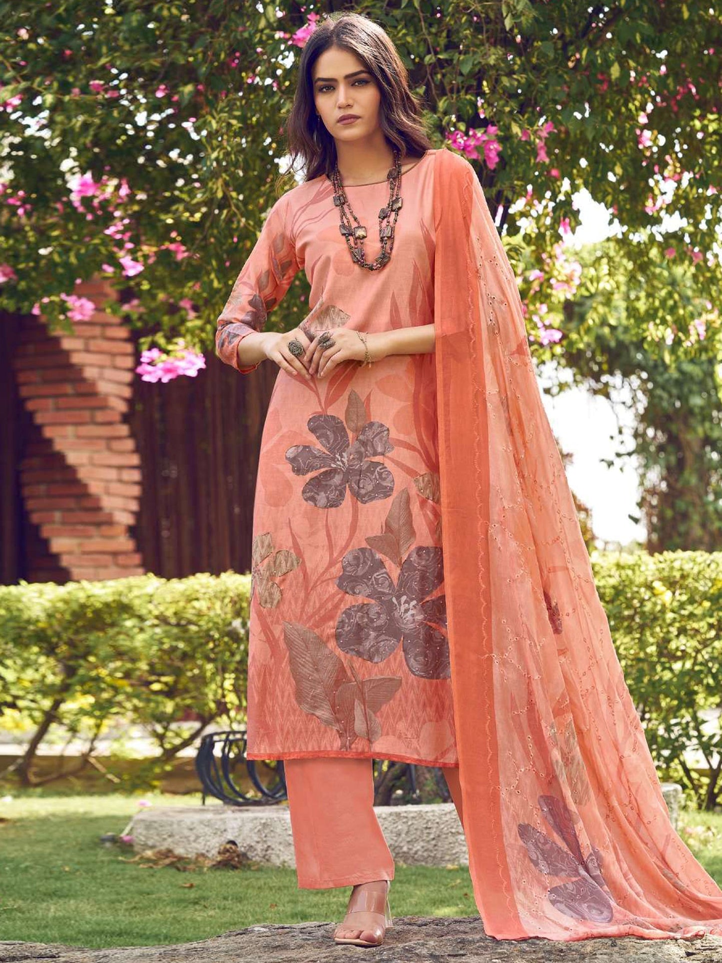 Jyoti Fashion Women's Peach Muslin Floral Digital Print with Sequins Work Salwar Suit Set | Swadesiicart