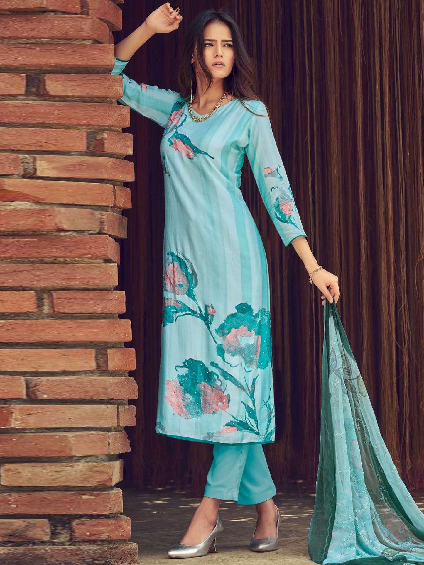 Jyoti Fashion Women's Sky Blue Muslin Floral Digital Print with Sequins Work Salwar Suit Set | Swadesiicart