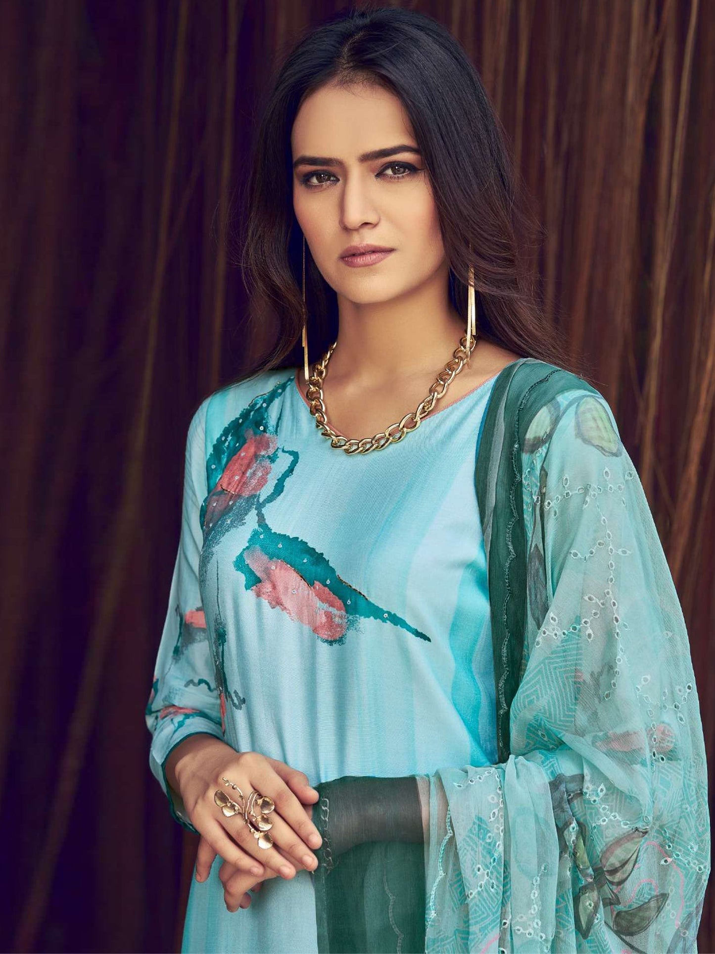 Jyoti Fashion Women's Sky Blue Muslin Floral Digital Print with Sequins Work Salwar Suit Set | Swadesiicart