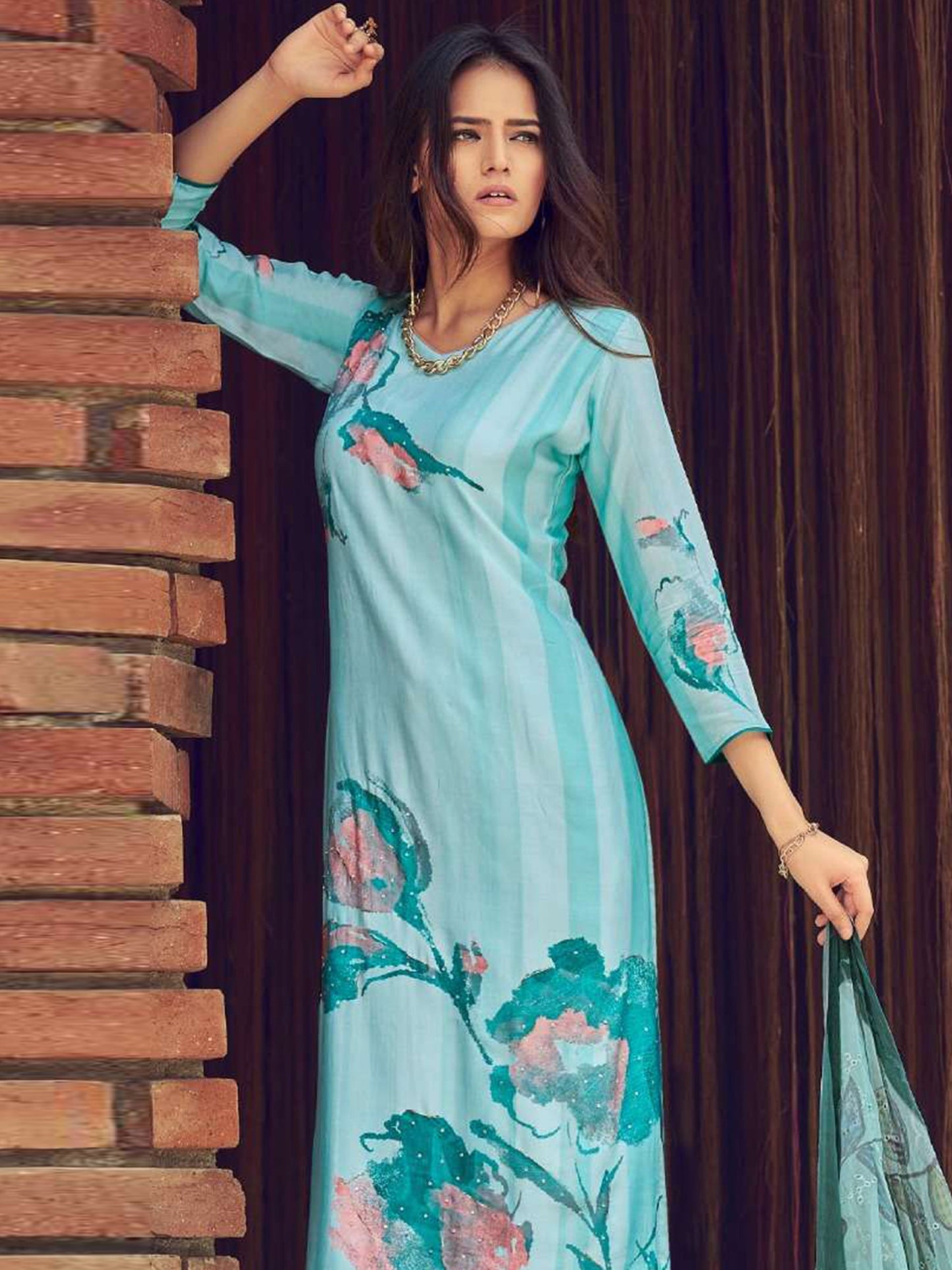 Jyoti Fashion Women's Sky Blue Muslin Floral Digital Print with Sequins Work Salwar Suit Set | Swadesiicart