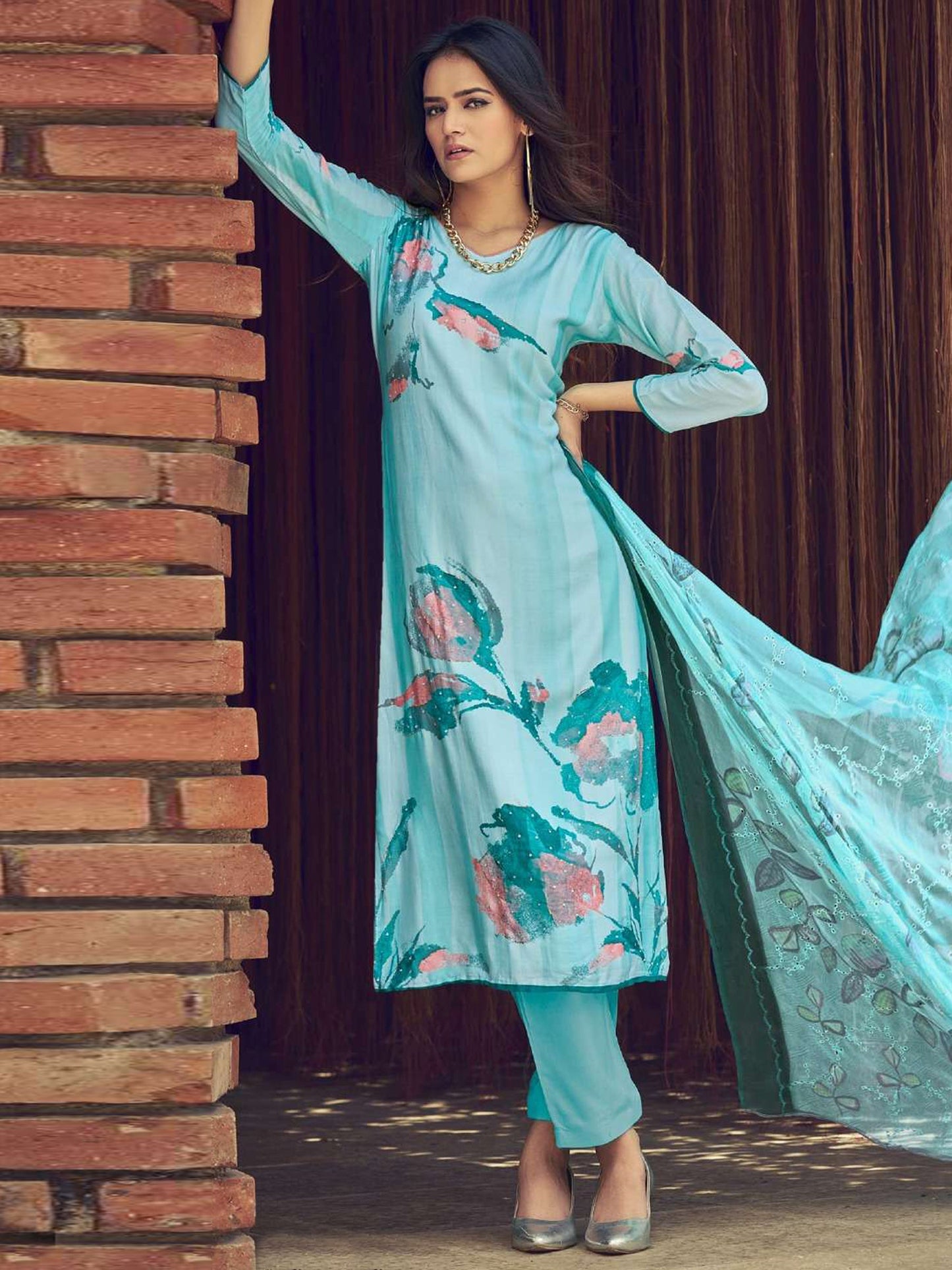 Jyoti Fashion Women's Sky Blue Muslin Floral Digital Print with Sequins Work Salwar Suit Set | Swadesiicart