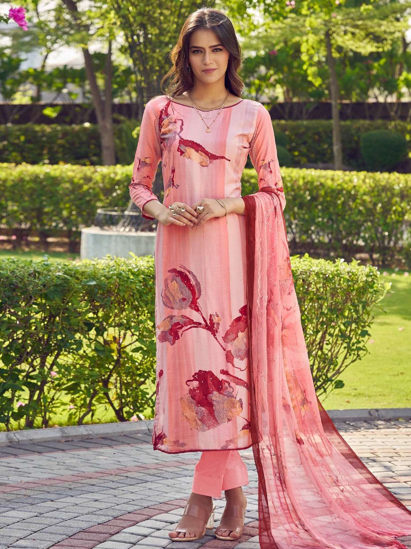 Jyoti Fashion Women's Peach Muslin Floral Digital Print with Sequins Work Salwar Suit Set | Swadesiicart