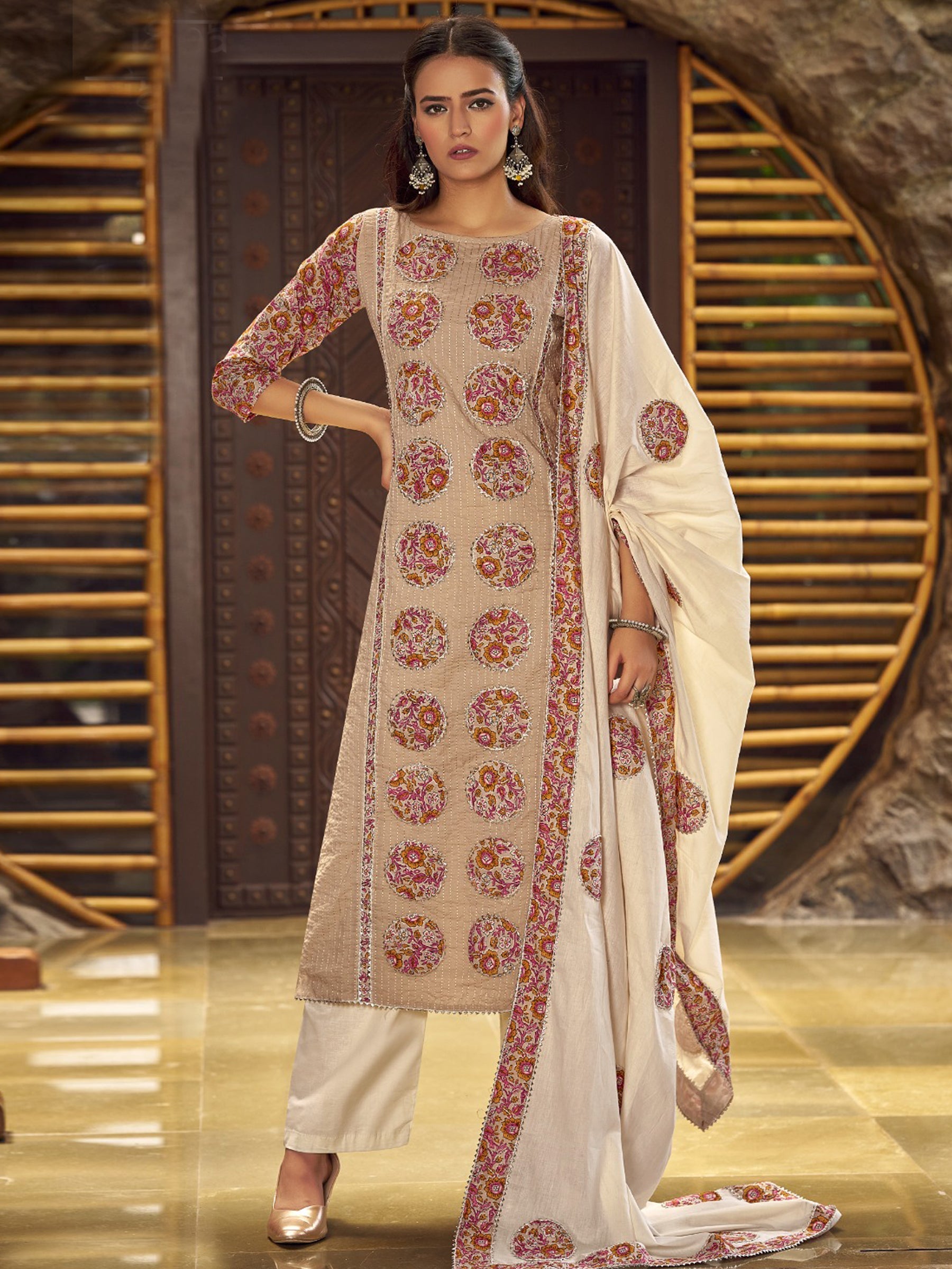 Jyoti Fashion Women's Beige Pure Cotton Digital Printed Salwar Suit Set | Swadesiicart