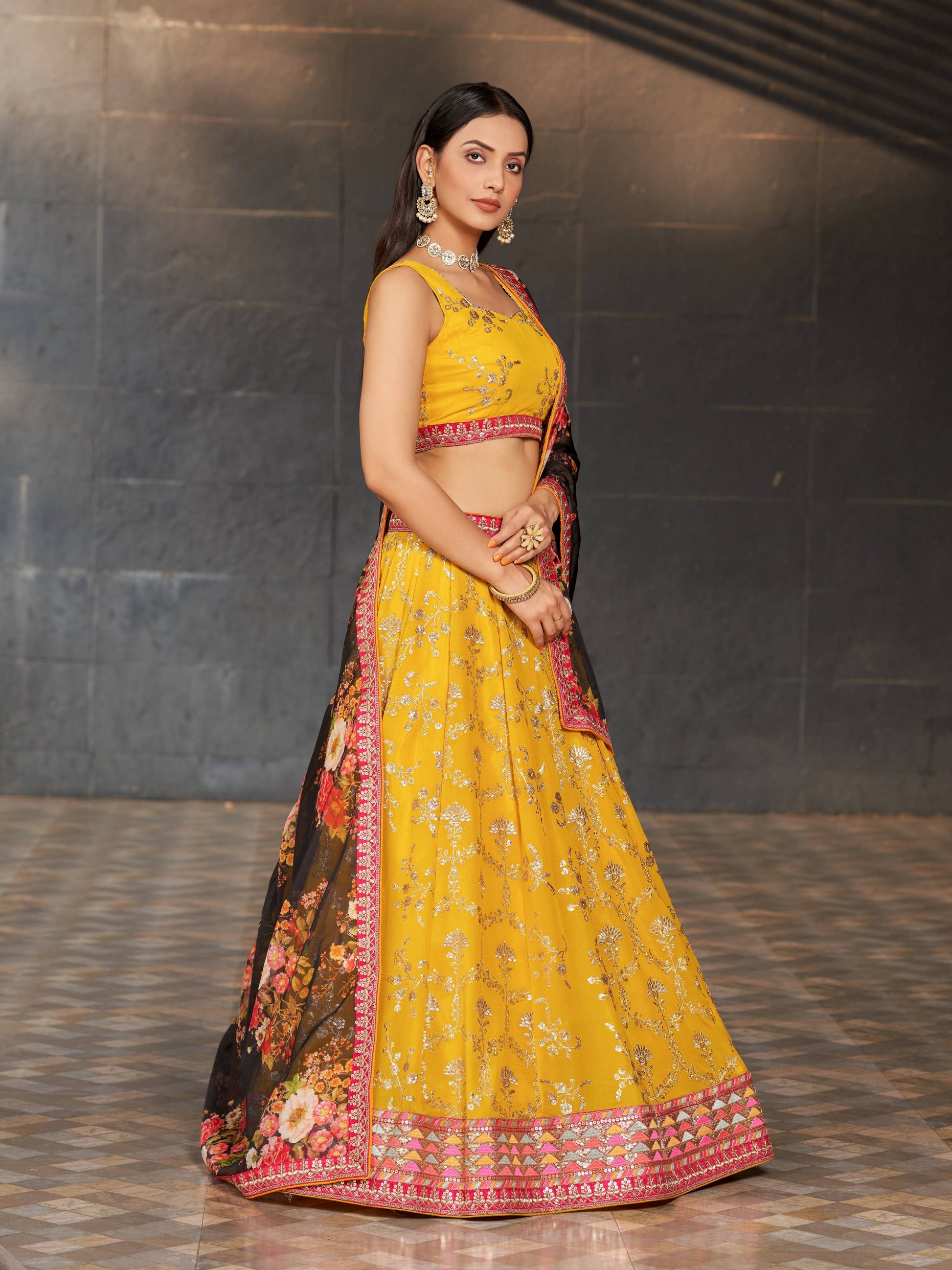 Jyoti Fashion Women's Yellow Georgette Zari & Heavy Sequin Embroidery Lehenga Choli & Dupatta | Swadesiicart