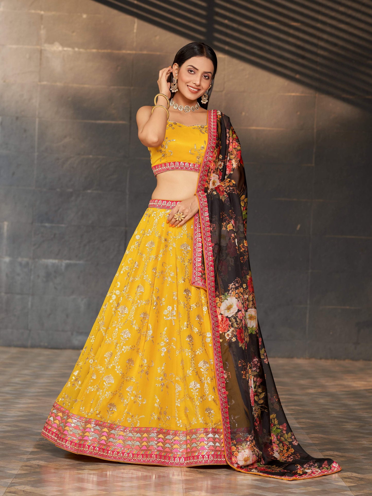 Jyoti Fashion Women's Yellow Georgette Zari & Heavy Sequin Embroidery Lehenga Choli & Dupatta | Swadesiicart