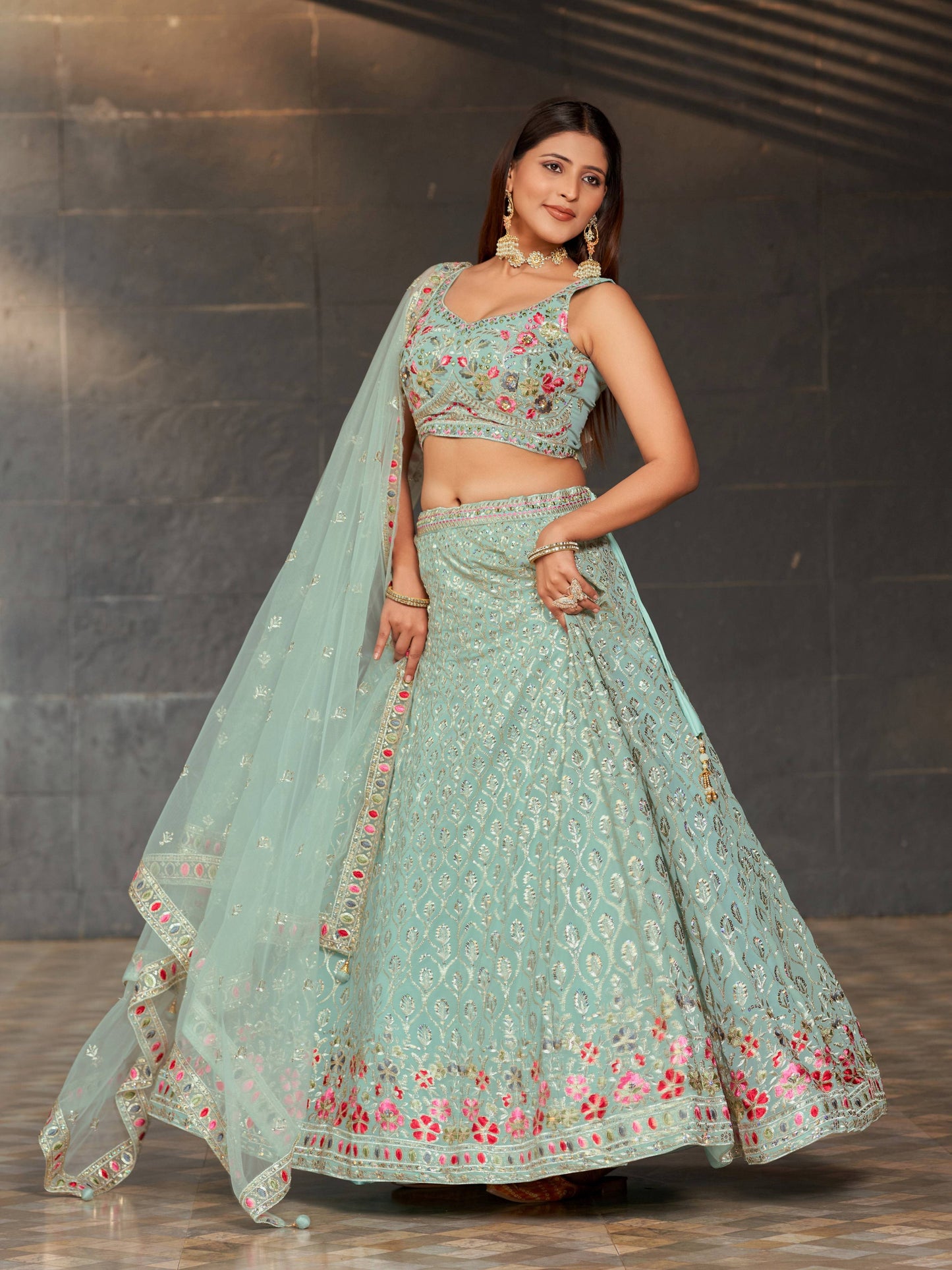 Jyoti Fashion Women's Sky Blue Georgette Zari & Heavy Sequin Embroidery Lehenga Choli & Dupatta | Swadesiicart