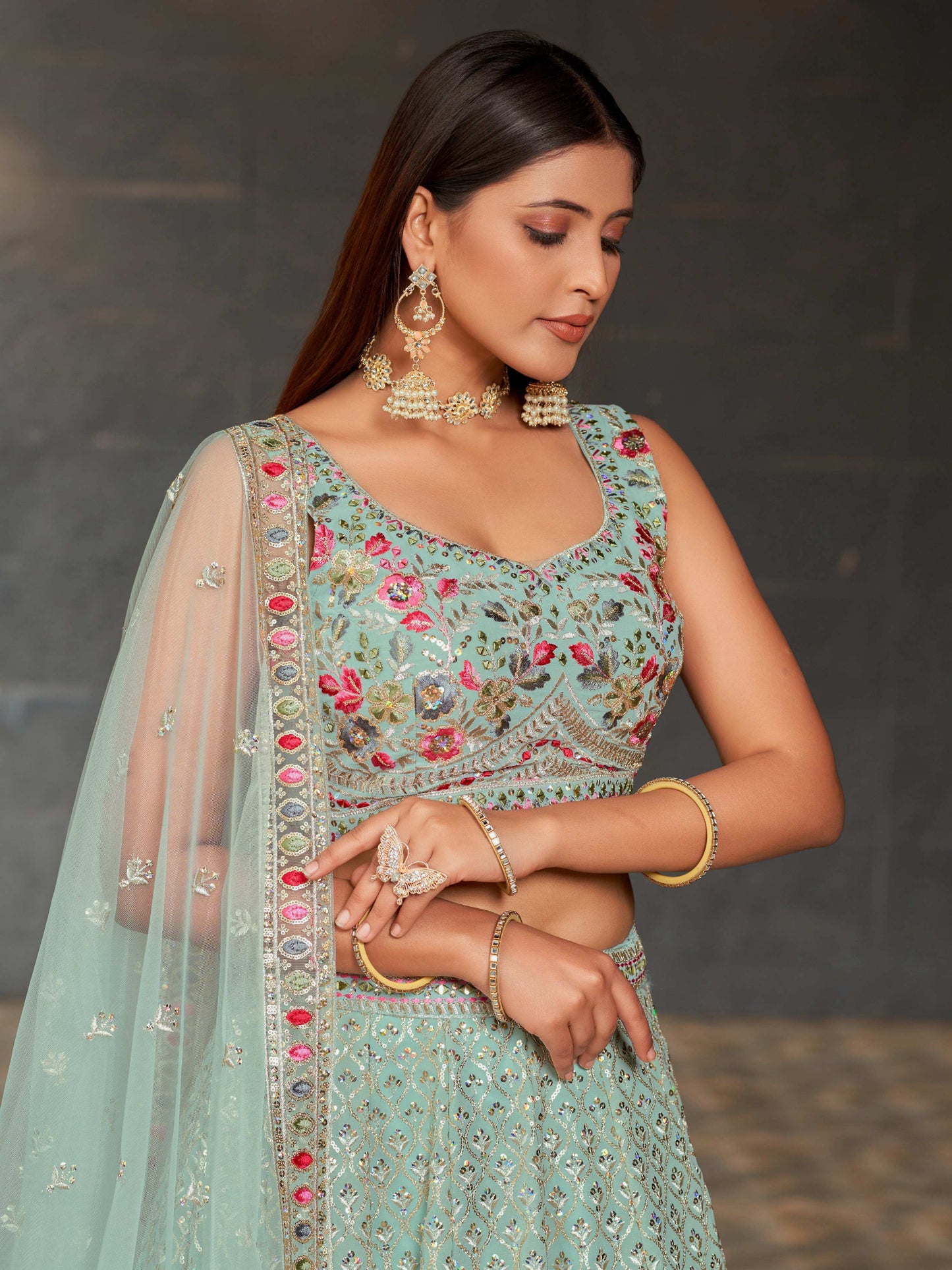 Jyoti Fashion Women's Sky Blue Georgette Zari & Heavy Sequin Embroidery Lehenga Choli & Dupatta | Swadesiicart