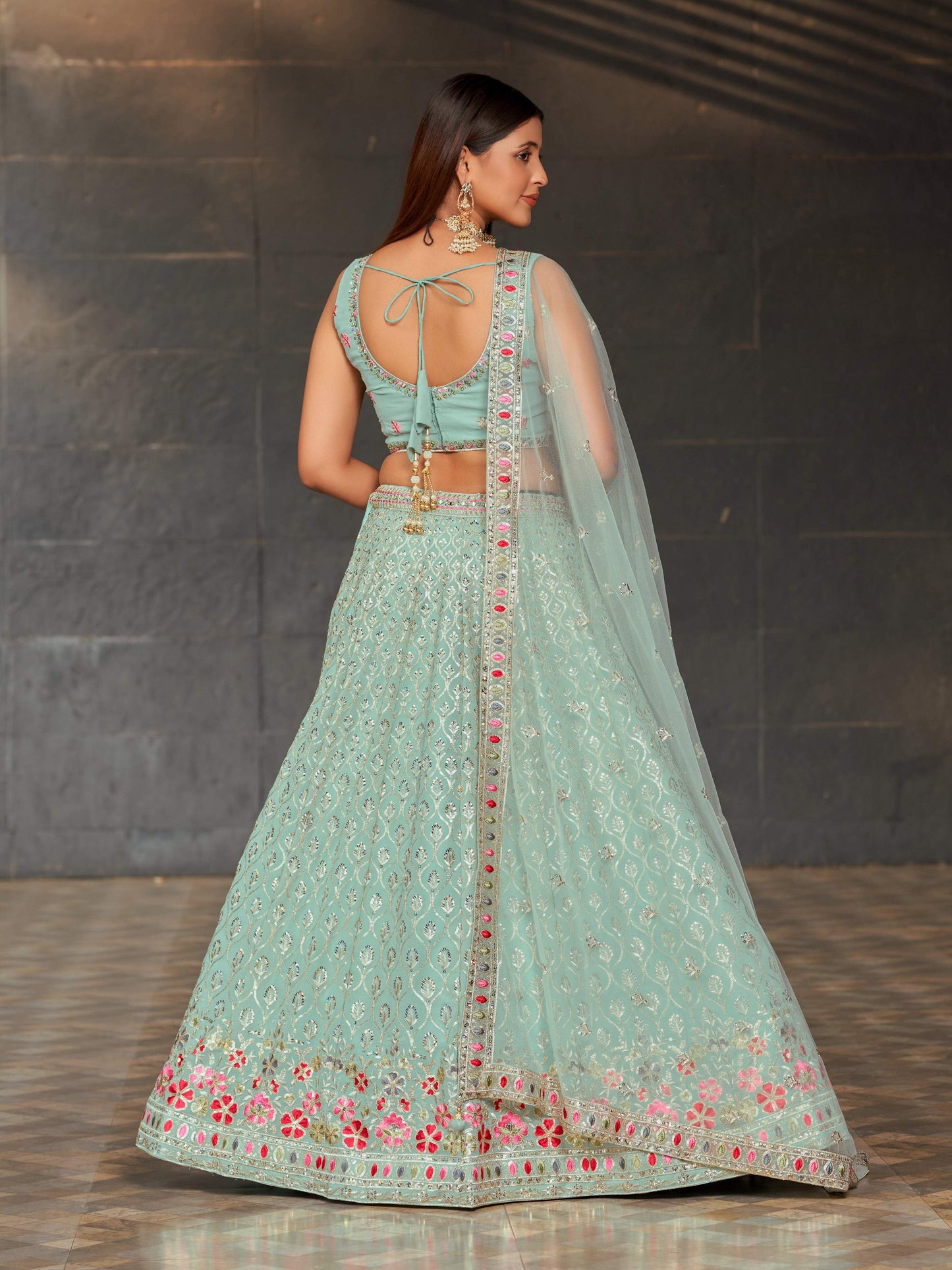Jyoti Fashion Women's Sky Blue Georgette Zari & Heavy Sequin Embroidery Lehenga Choli & Dupatta | Swadesiicart