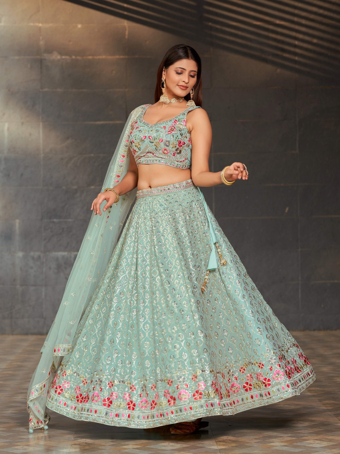 Jyoti Fashion Women's Sky Blue Georgette Zari & Heavy Sequin Embroidery Lehenga Choli & Dupatta | Swadesiicart