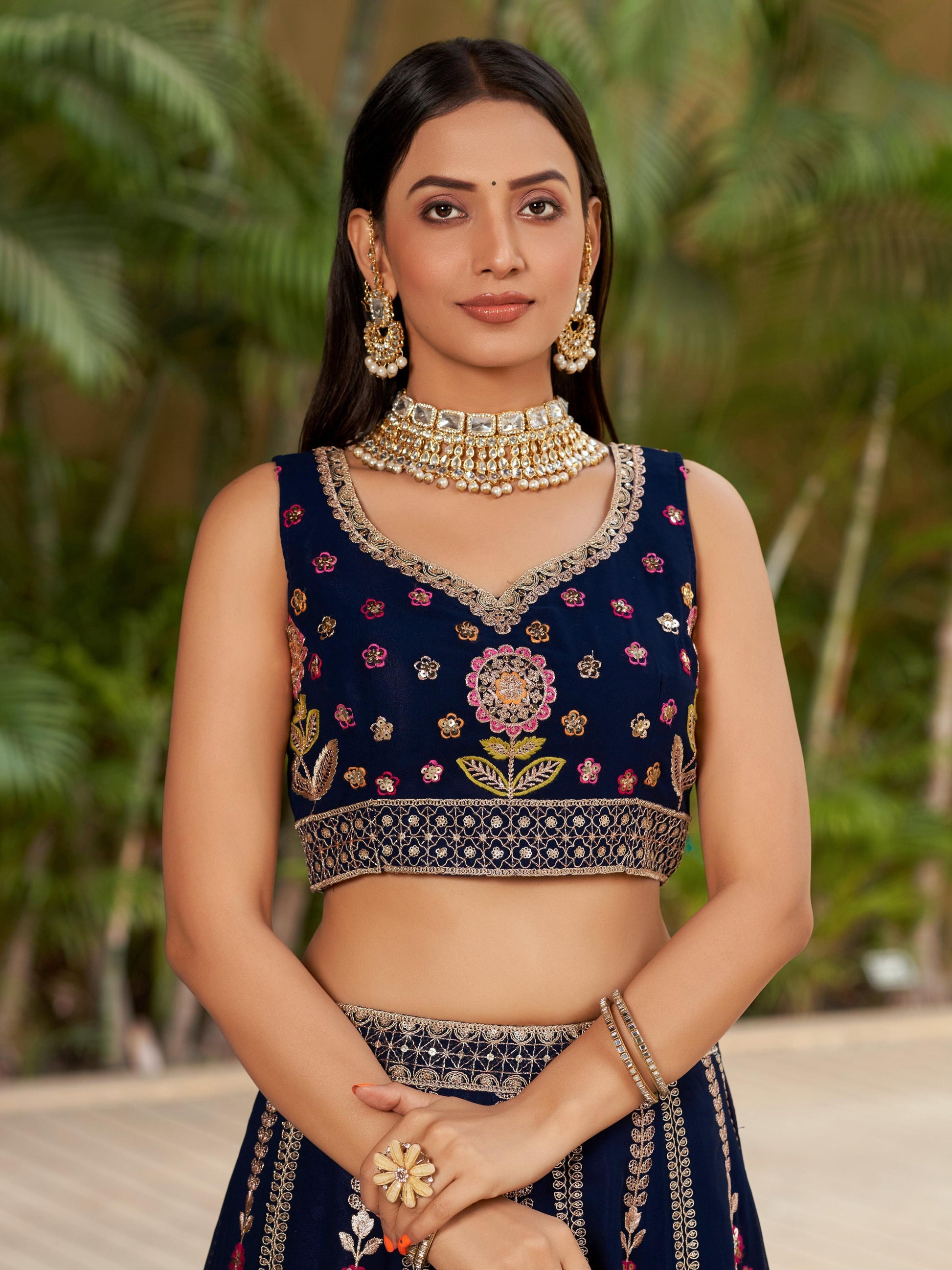 Jyoti Fashion Women's Navy Blue Georgette Zari & Heavy Sequin Embroidery Lehenga Choli & Dupatta | Swadesiicart