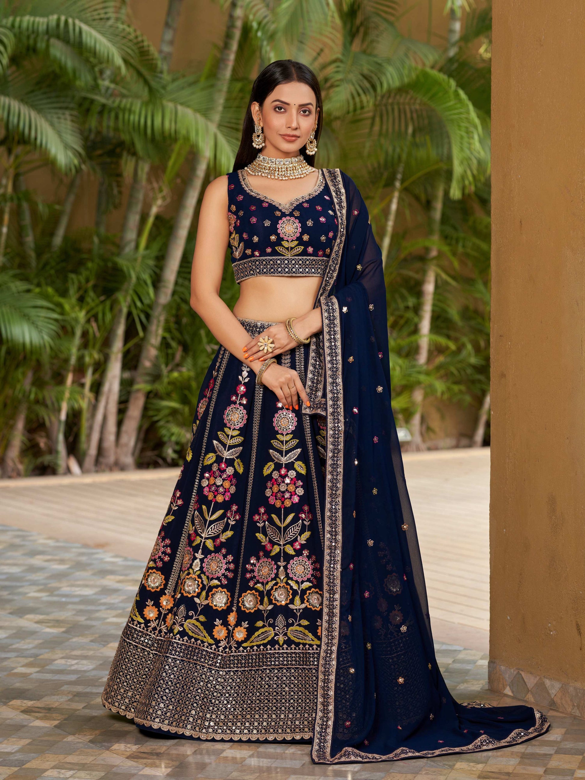 Jyoti Fashion Women's Navy Blue Georgette Zari & Heavy Sequin Embroidery Lehenga Choli & Dupatta | Swadesiicart